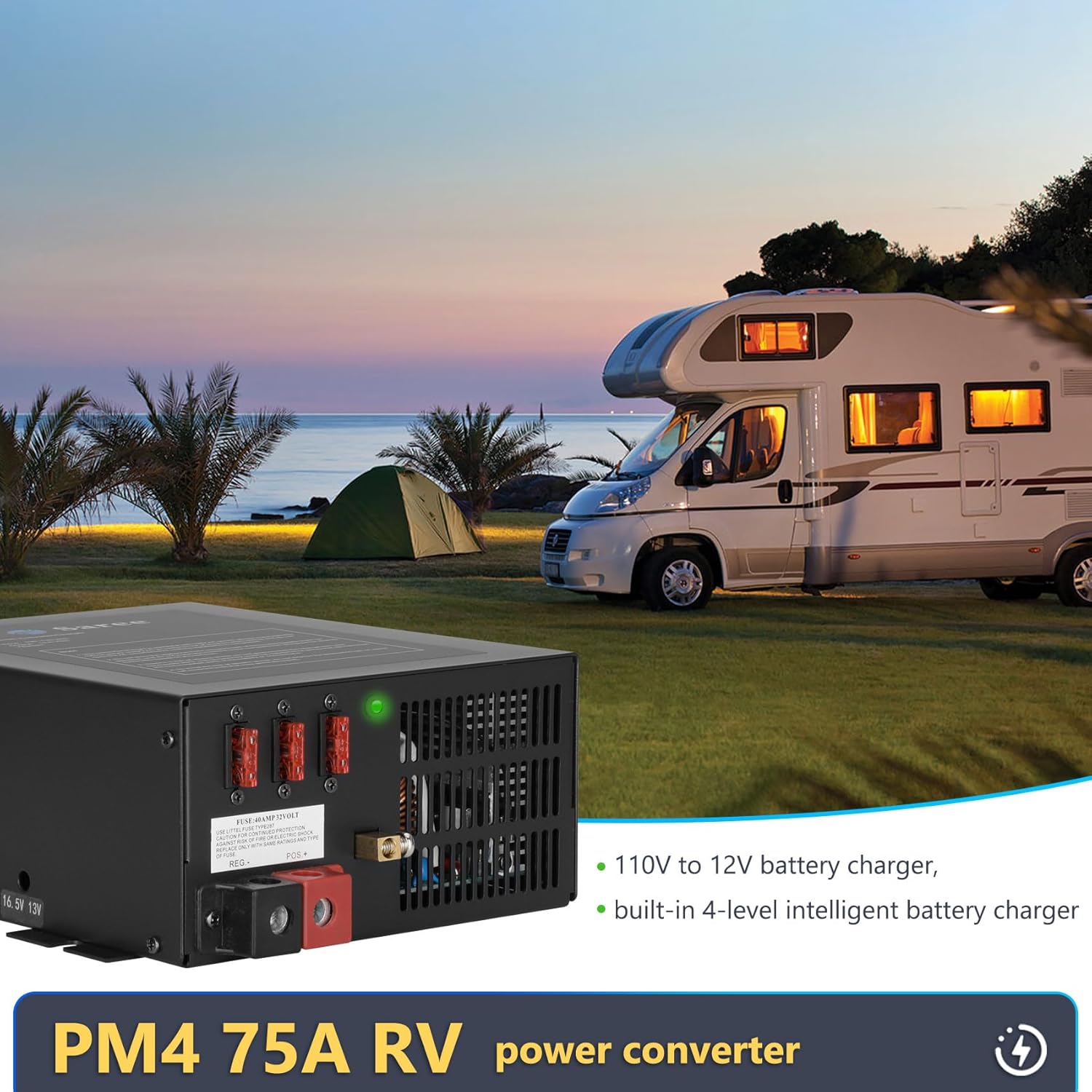 75A RV Power Converter 110VAC to 12VDC RV Converter 75 Amp RV Power Converters Built-in 4 Stage Smart Battery Charger for Lithium Batteries RV Converters Fully Adjustable Output from 13V to 16.5V