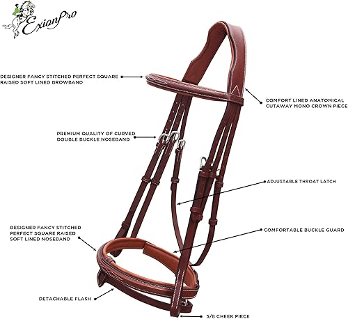 Vista 19 de Exion - Brida de salto anatómica para caballos con banda nasal extraíble y riendas de goma, cuero curtido vegetal de primera calidad, hebillas