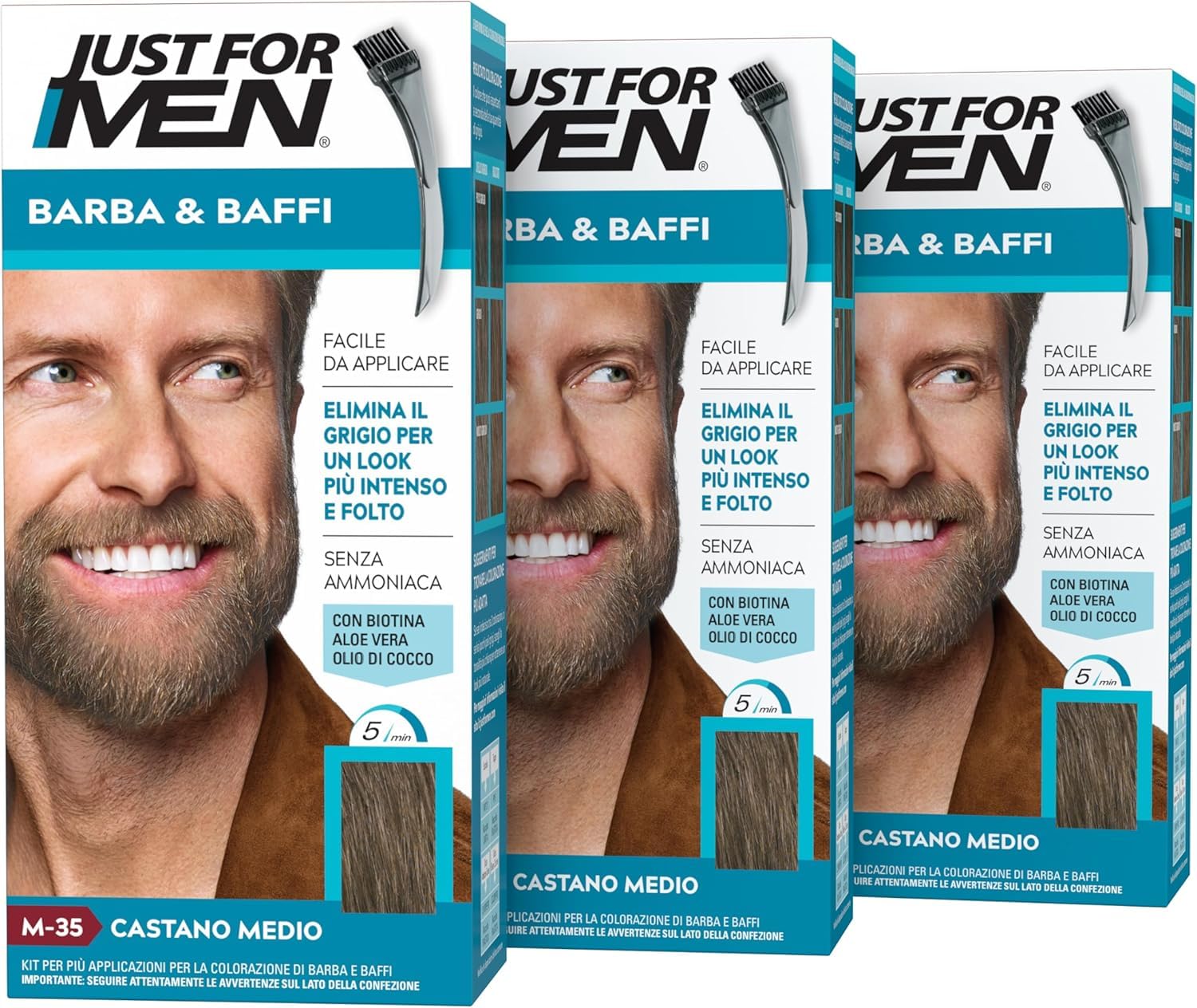 Just For Men Barba & Baffi, Tinta Per Barba Uomo, Tintura Senza Ammoniaca, Elimina I Peli Grigi, Con Pettine Applicatore, Colore Castano Medio, M35 (3 Pack)