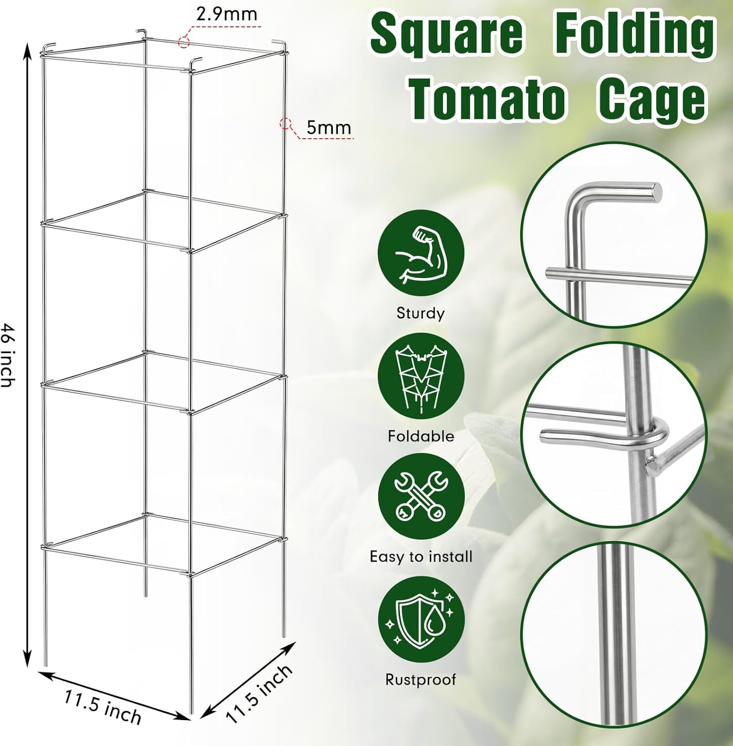Hicarer 16 Pack Square Tomato Cage Heavy Duty Tomato Cages for Garden Vegetable Plant Trellis Stakes Plant Support Stake Tower for Climbing Vegetables Plants Flowers Fruit (11.5 x 46 Inches,Silver)