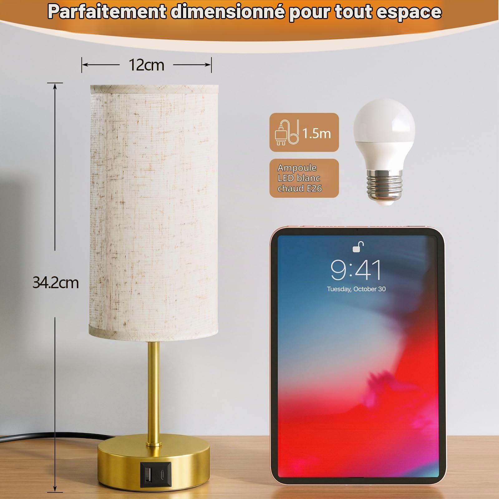 Lot de 2 Lampe de Chevet Tactile avec Ports de Charge USB-A + USB-C