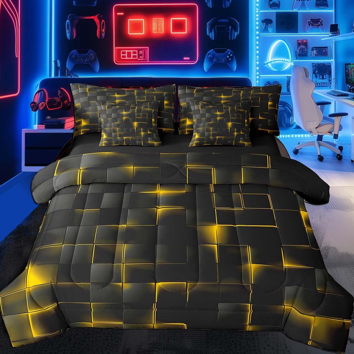 Feelyou Light Geometric Comforter Set with Sheets 7 Piece Bedding Set Full Size Modern Style Bed in a Bag Blue and Purple Bed Set with Comforter, Sheets, Pillowcases & Cushion Covers