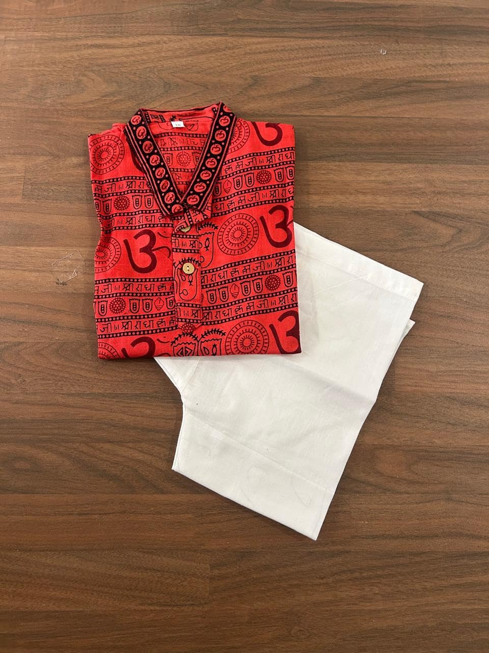 NiAK Traditional Om Print Cotton Kurta and White Pyjama Set, Ethnic Indian Wear, Beige and Red Pattern (Red, 5-6 Years) 3