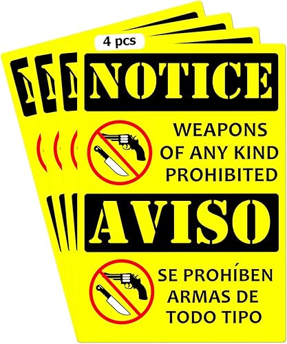 Paquete de 4 etiquetas prohibidas de armas de cualquier tipo, 7 x 5 pulgadas, etiqueta de advertencia bilingüe para todas las armas prohibidas,