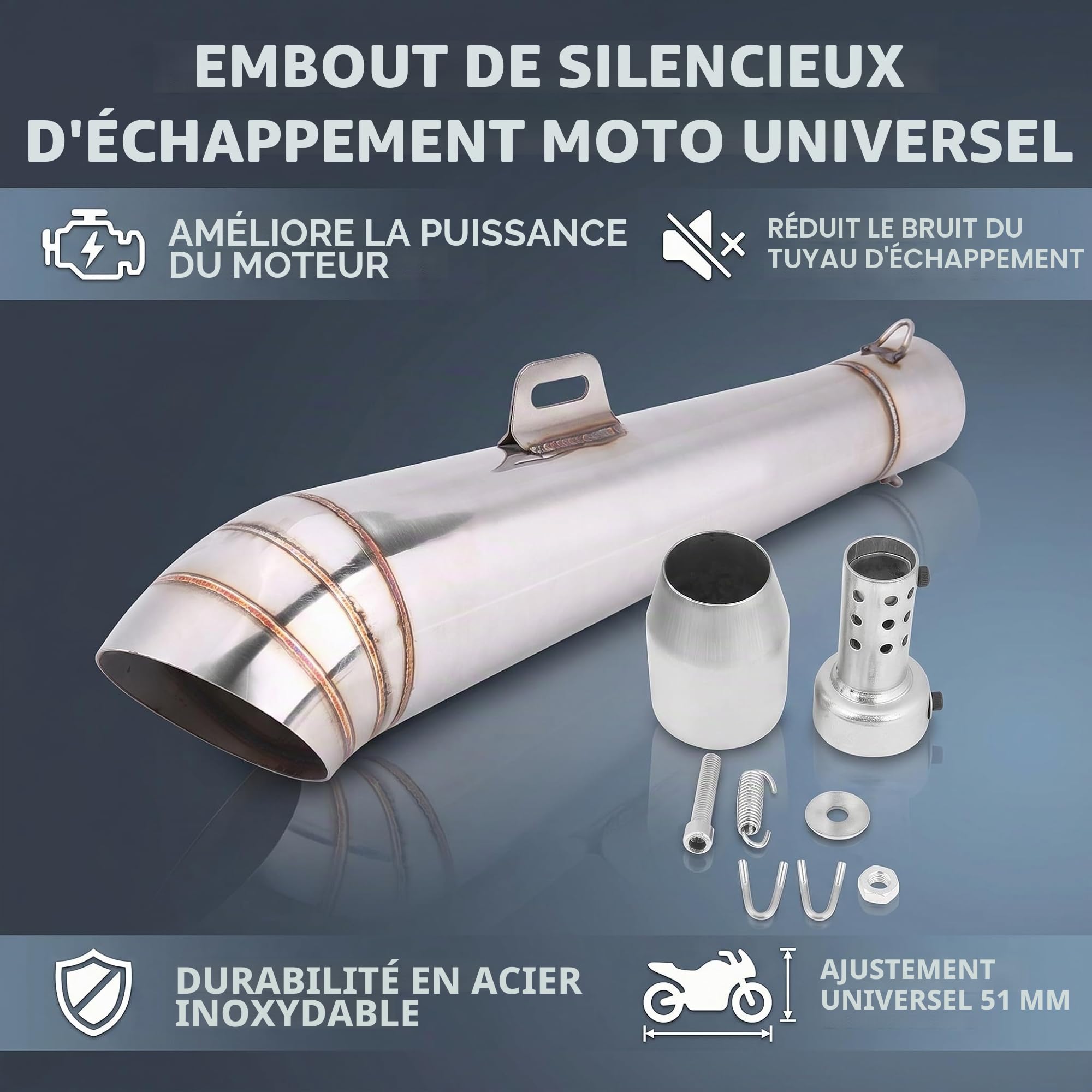Embout Échappement Moto 51mm, Silencieux Inoxydable