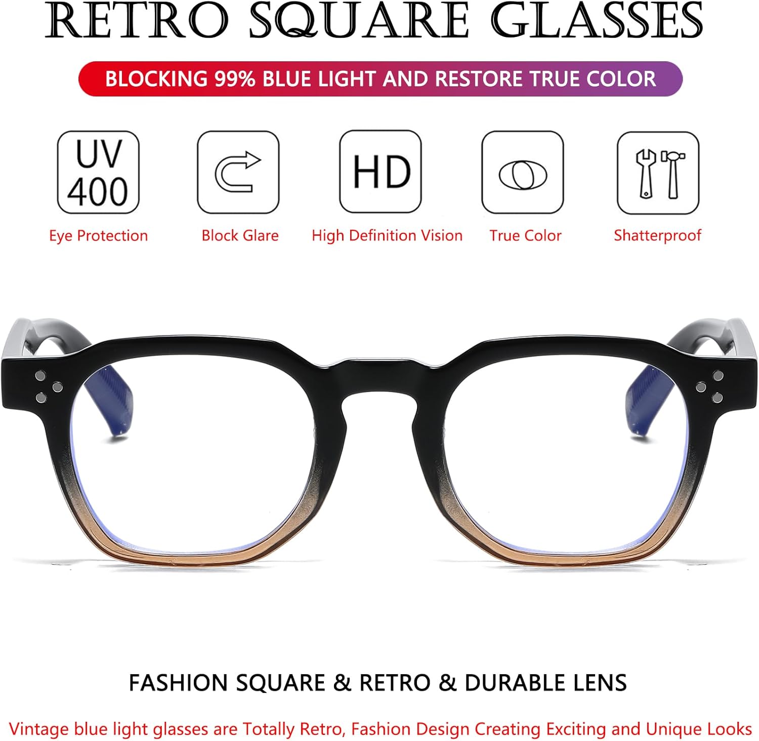 AIEYEZO Retro Blue Light Glasses for Men Women Square Thick Framed Eyeglasses Trendy Vintage Computer Glasses - Image 3