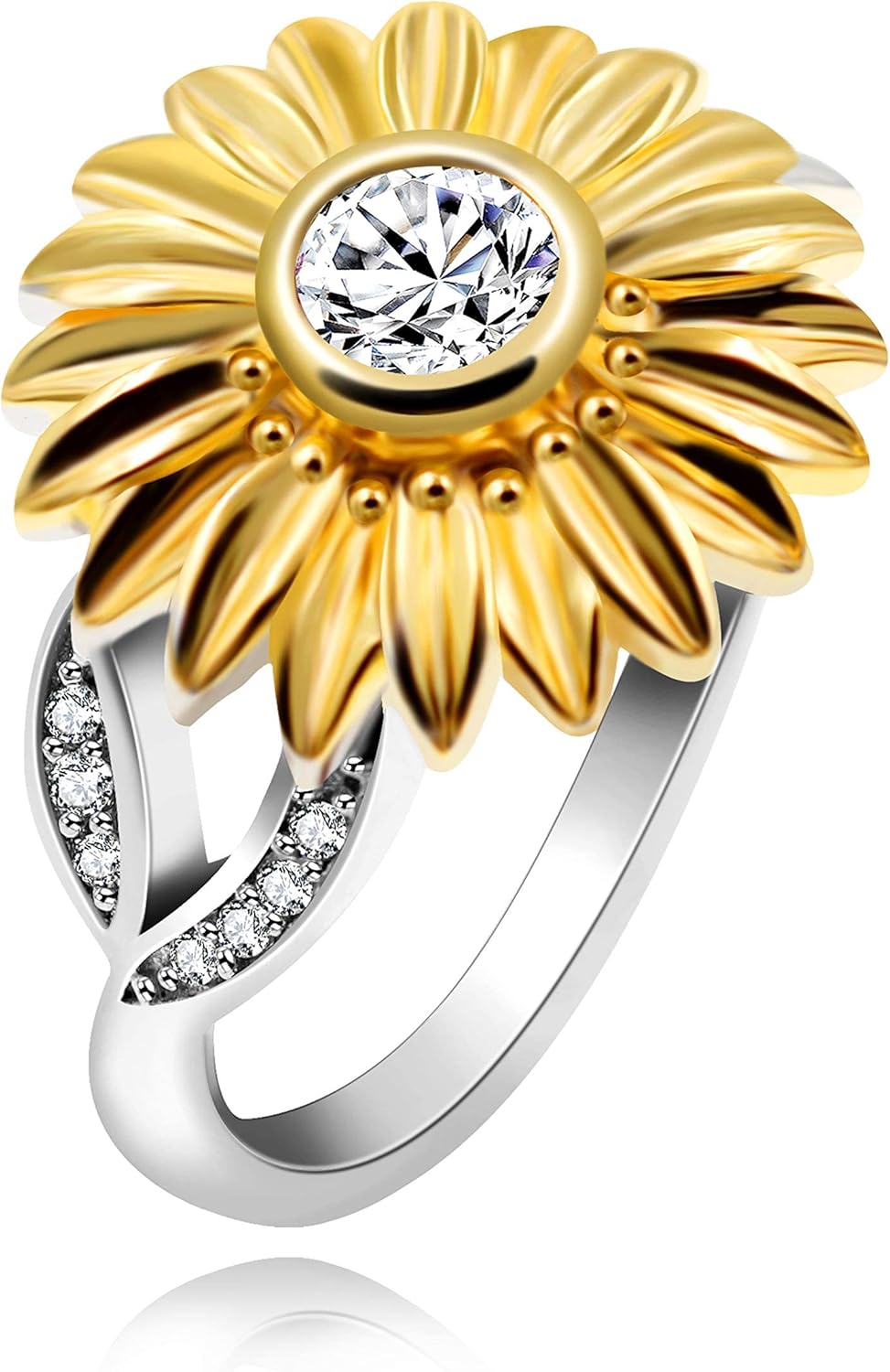 Uloveido S925 Sterling Silver Daisy Ring Two Tones Zircon Sunflower Ring 3D Flower Wedding Party Jewelry for Women Female Y759