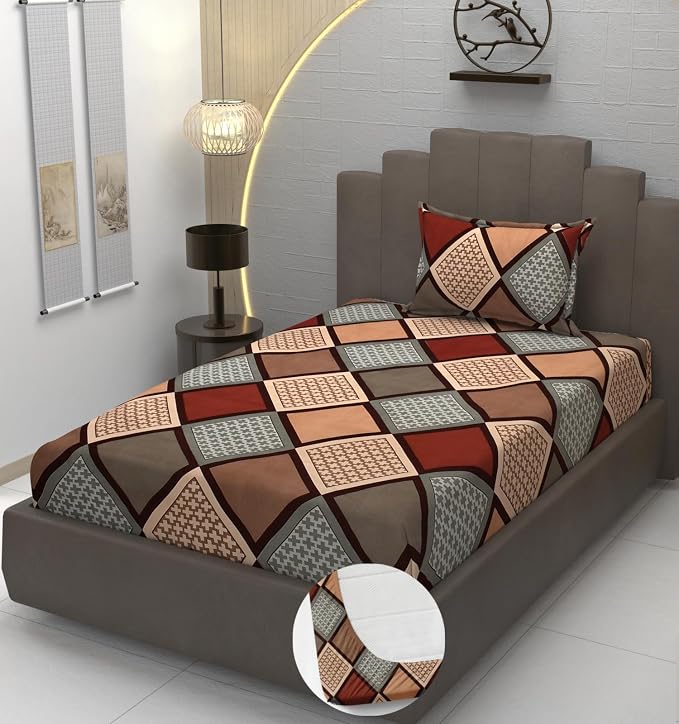 Premium Heavy Cotton Elastic Fitted Bedsheets with 1 King Size Pillow Covers Single Bed with All Around Elastic 350 TC 36 x 78 x 6 Inch Single Size Fitted :- Multi Box