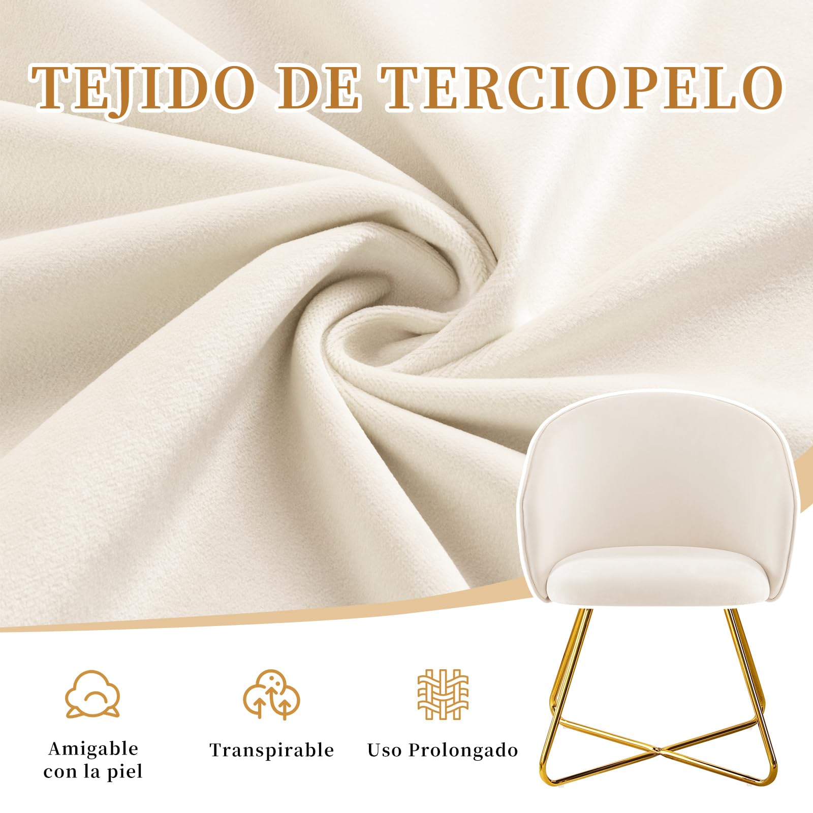 Hellove Silla para Tocador Maquillaje with Gold Metal Legs, Butaca Dormitorio con Respaldo Curvado, Silla Ocio, Sillón de Hogar Moderno, Tapizada Terciopelo para Sala de Estar/Salon, Beige