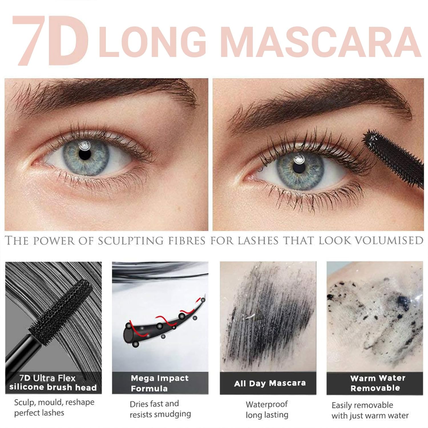 2026 New 7D Mascara Fiber Lashes Waterproof, Advanced Black 7D Colossal Mascara, Thickening Softer Fuller Lashes Mascara, Thickening Eye Makeup for Defined Curl for Women (4 Bottle)