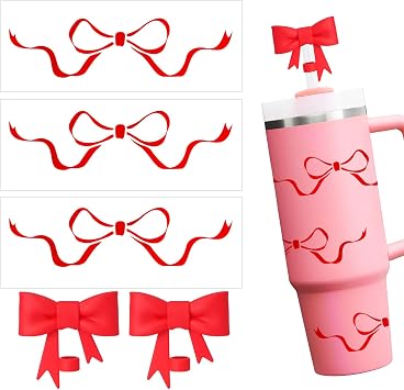 Bow Stickers for Stanley Waterproof Accessories - 3 Pcs Vinyl Red Bow Stickers With 2 Pcs Straw Cover Cute Decals for Stanley Cup Love Shack Fancy Tumbler Water Bottle Personalized Decorate