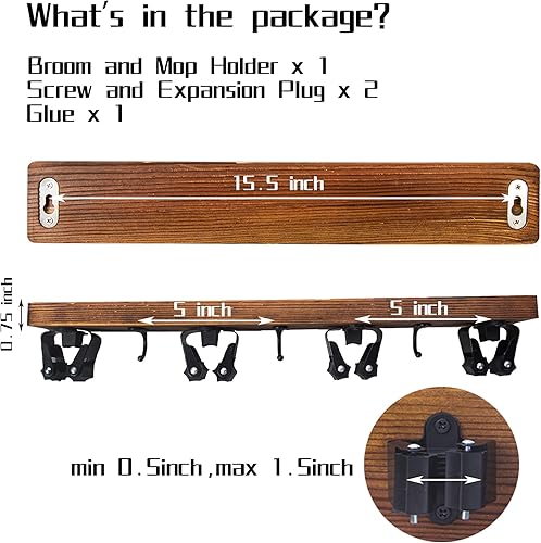 Miniatura 3 de Paquete de 2 soportes para fregona y escoba de madera maciza, soporte de pared, 4 posiciones, 3 ganchos para el hogar, cocina, jardín, herramientas,