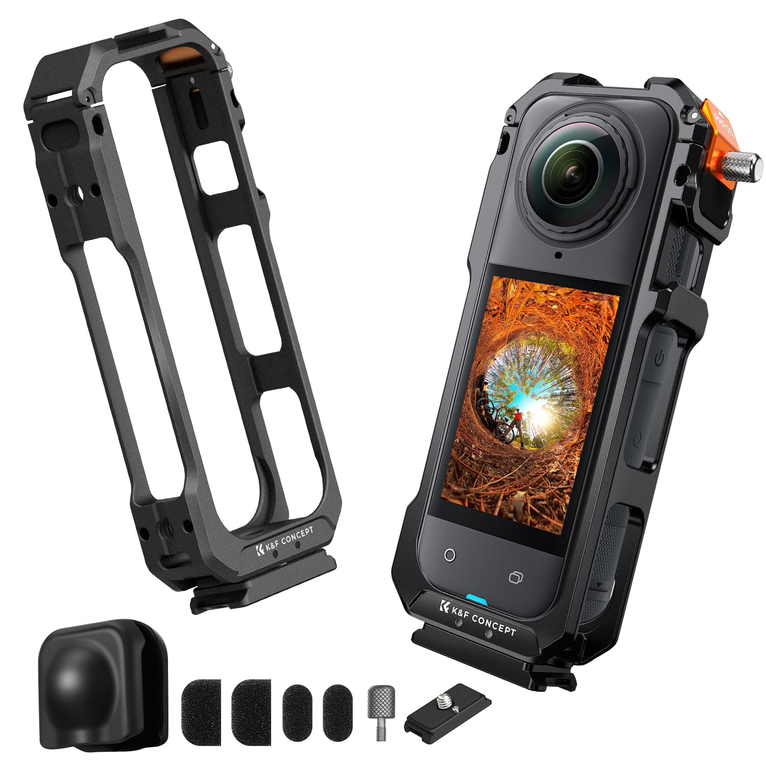 K&F Concept Camera Cage per Insta360 X5, Custodia Protettiva in Lega di Alluminio con Copertura in Silicone per Obiettivo, Telaio con 2 Supporti a Scarpetta Fredda per Microfono e Luce Video a Led