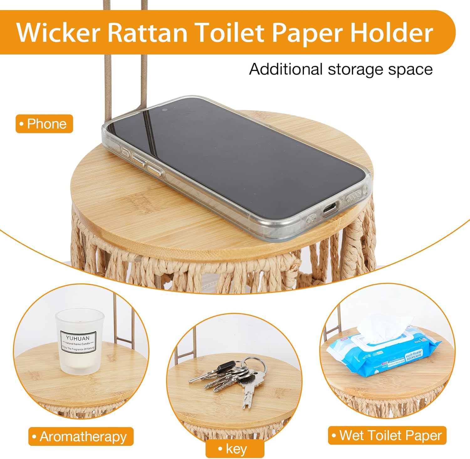 Freestanding Wicker Toilet Paper Holder with Lid&Storage-Holds 4 Rolls,Handmade Woven Rattan Organizer Basket for Bathroom,Boho Farmhouse Decor Tissue Stand with Storage Shelf