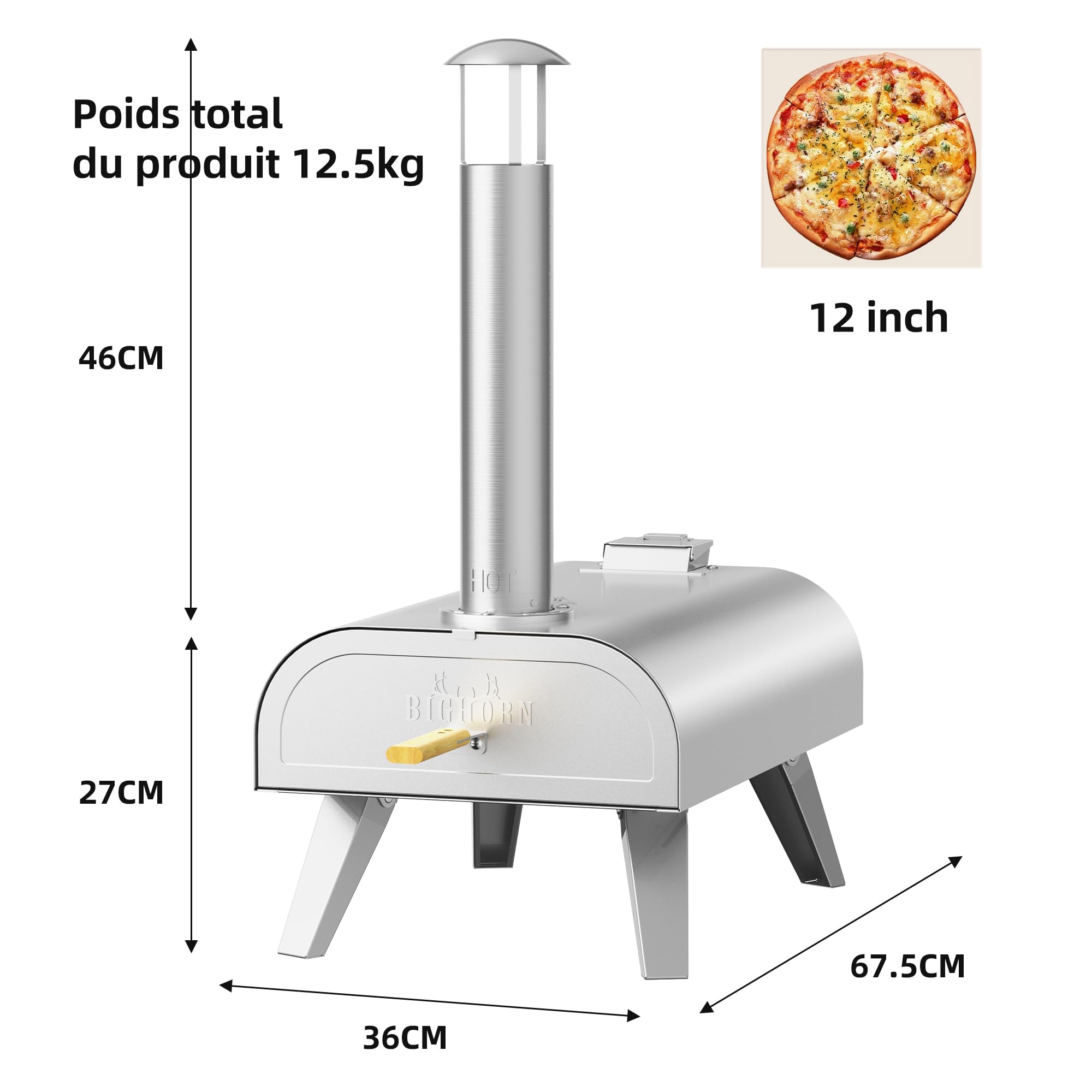 BIGHORN Grand Four à Pizza 12''，Granulés + Portable