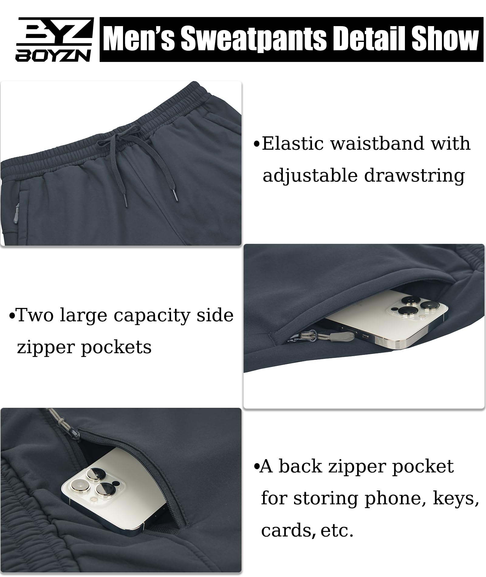 Boyzn Herren Winter Fleece Skihose mit Reißverschlusstaschen Warme Sweatpants Sonnenschutzhose Dark Grey-2XL