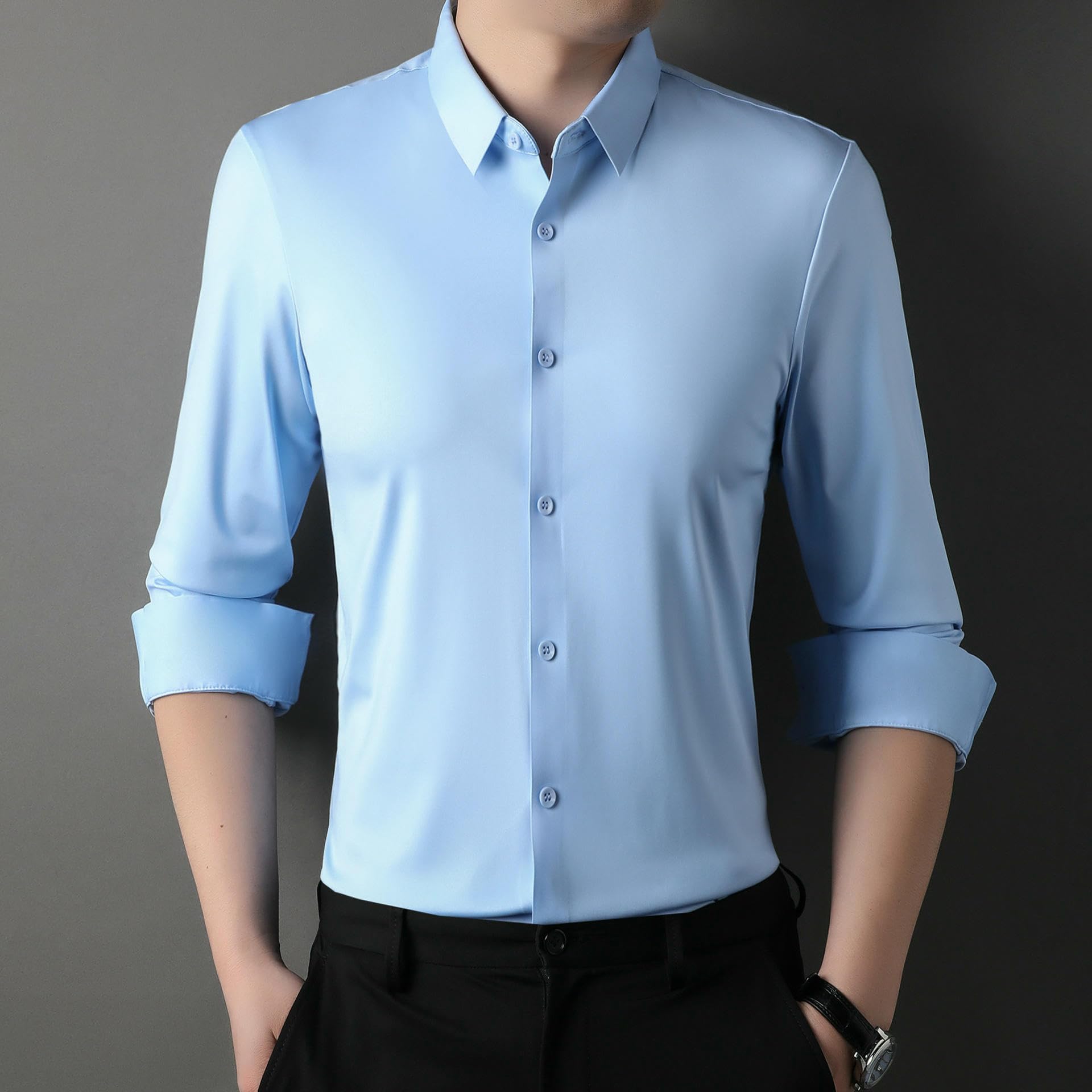 Herren Einfarbiges Langarm Nahtloses Knitterfreies Elastisches Atmungsaktives Business Casual Schmal Geschnittenes Weißes Hemd