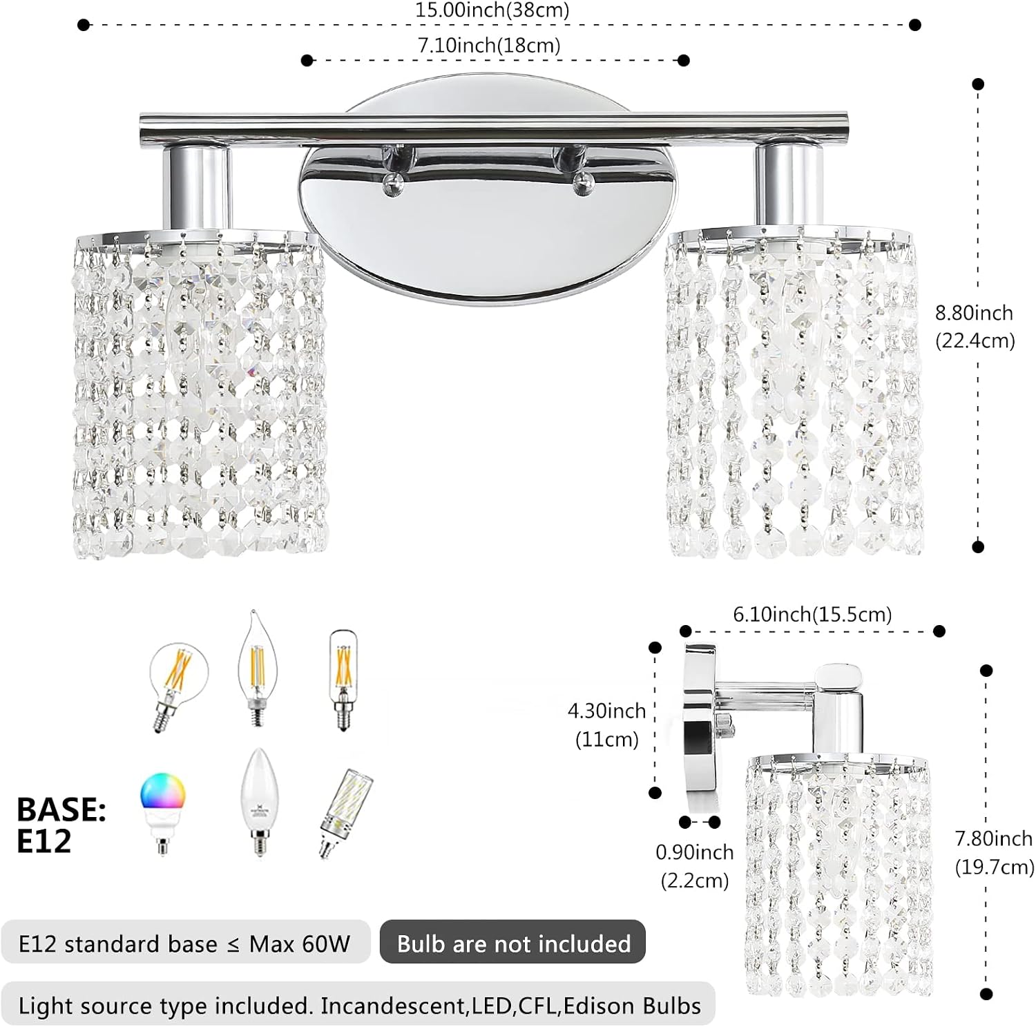 Crystal Bahtroom Vanity Light,Chrome Sconces Wall Lighting,2-Light Modern Vanity Lights for Bathroom Over Mirror Wall Sconces