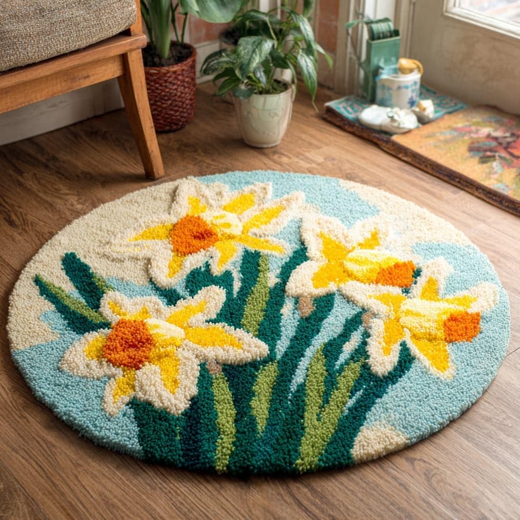 kitphoenix Round DIY Latch Hook Rug Kits Daffodils 20X20Inch (50X50Cm) Easy for Beginners Round Carpet Crochet Yarn Craft Large Rug Hook and Latch Tapestry for Home Decor