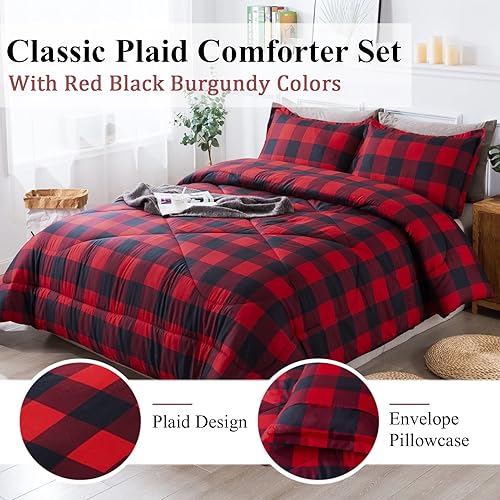 Miniatura 3 de Andency - Edredón de cuadros rojos tamaño individual (66 x 90 pulgadas), 2 piezas (1 edredón a cuadros y 1 funda de almohada), juego de cama con