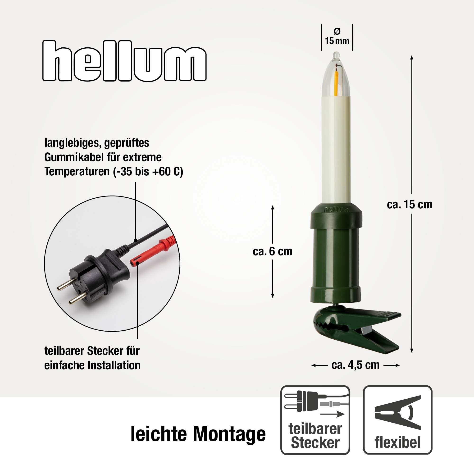 hellum Lichterkette Kerzen LED-Filament außen, 30 Kerzen, Stecker teilbar | Made in Germany warmweiß, Lichterkette Weihnachten mit Clip, 29m beleuchtet, Stecker teilbar, Kabel schwarz, <59lm 845563