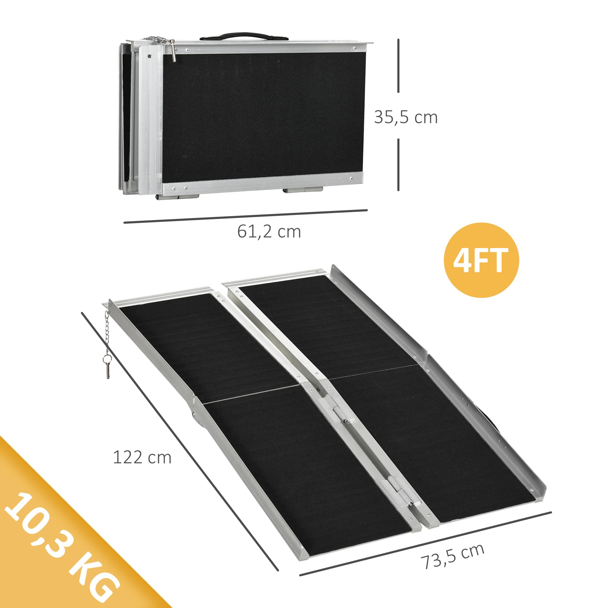 HOMCOM Rampa para Sillas de Ruedas Plegable, 122 cm, Carga 270 kg, Rampa Portátil de Aluminio Antideslizante con Bordes de Seguridad y Asa, para Escaleras, Puertas, Discapacitados
