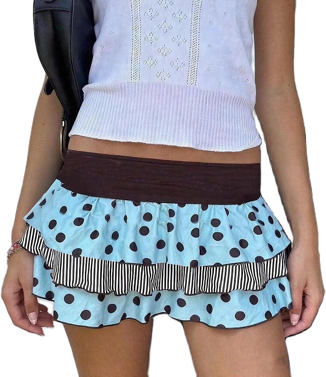 Women Polka Dots Ruffle Tiered Mini Skirt Y2K Low Rise Layered Pleated A Line Flowy Skirts Cute Beach Party Skirts