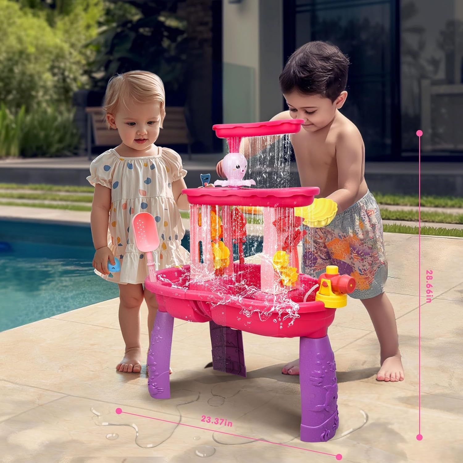AuntyFey Water Table for Toddlers 1-3-5, Kids Toddler Sand Table with Umbrella, Kids Water Table for Outside Kids Ages 4-8, Pink