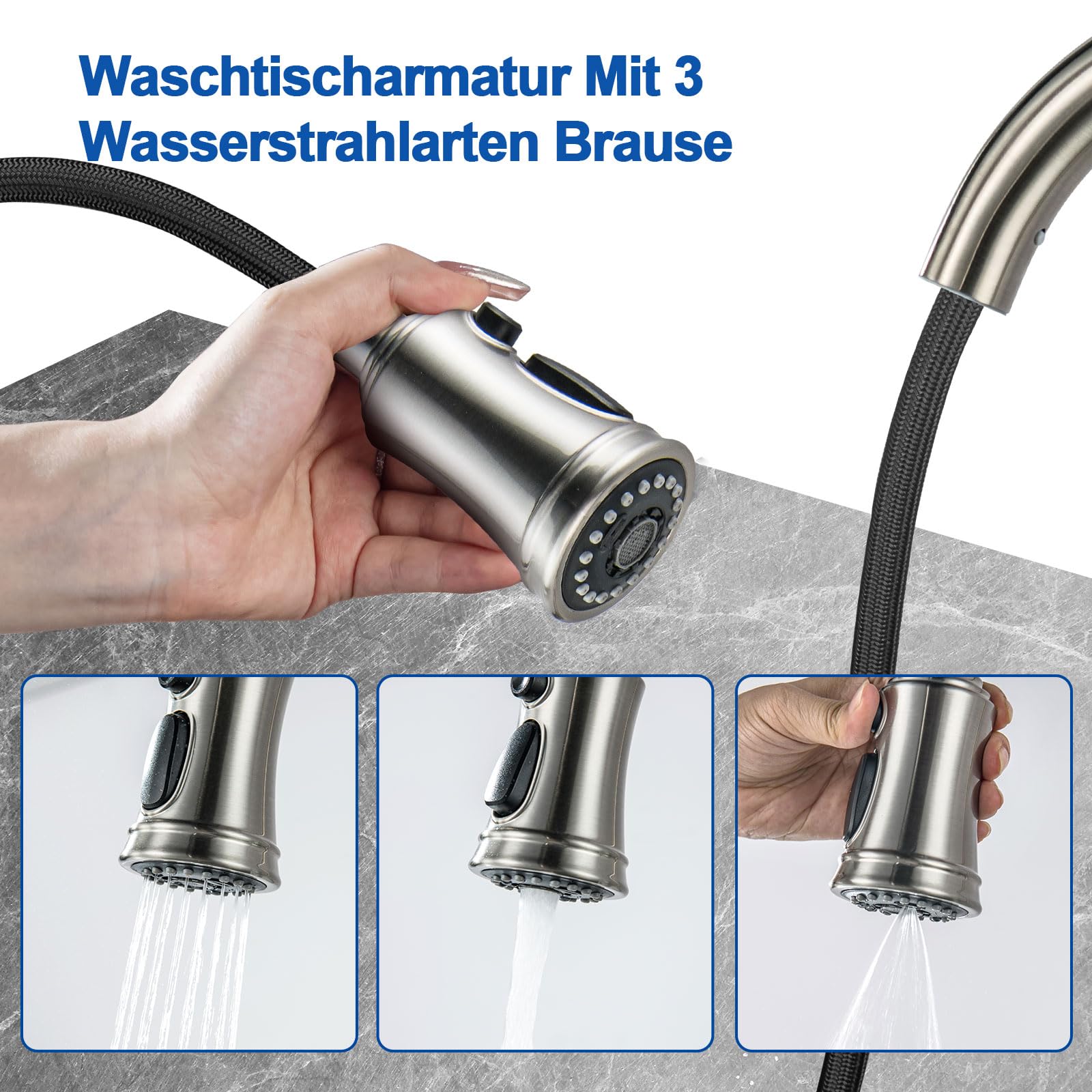 Wasserhahn Küche Vintage Brause Ausziehbar, Küchenarmatur mit 3 Strahlarten | Wasserhahn Armatur Küche LakeBayMZC Spültischarmatur 360° Drehung, 304 Edelstahl Gebürstet für Modernen Küchen Bad und Bar
