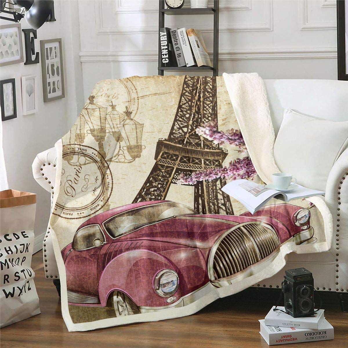 Loussiesd Eiffel Tower Fleece Throw Blanket Paris Sherpa Blanket for Bed Sofa Paris Cityscape Plush Blanket Modern French Romantic Style Vintage Car Fuzzy Blanket Room Decor Baby 30"x40"