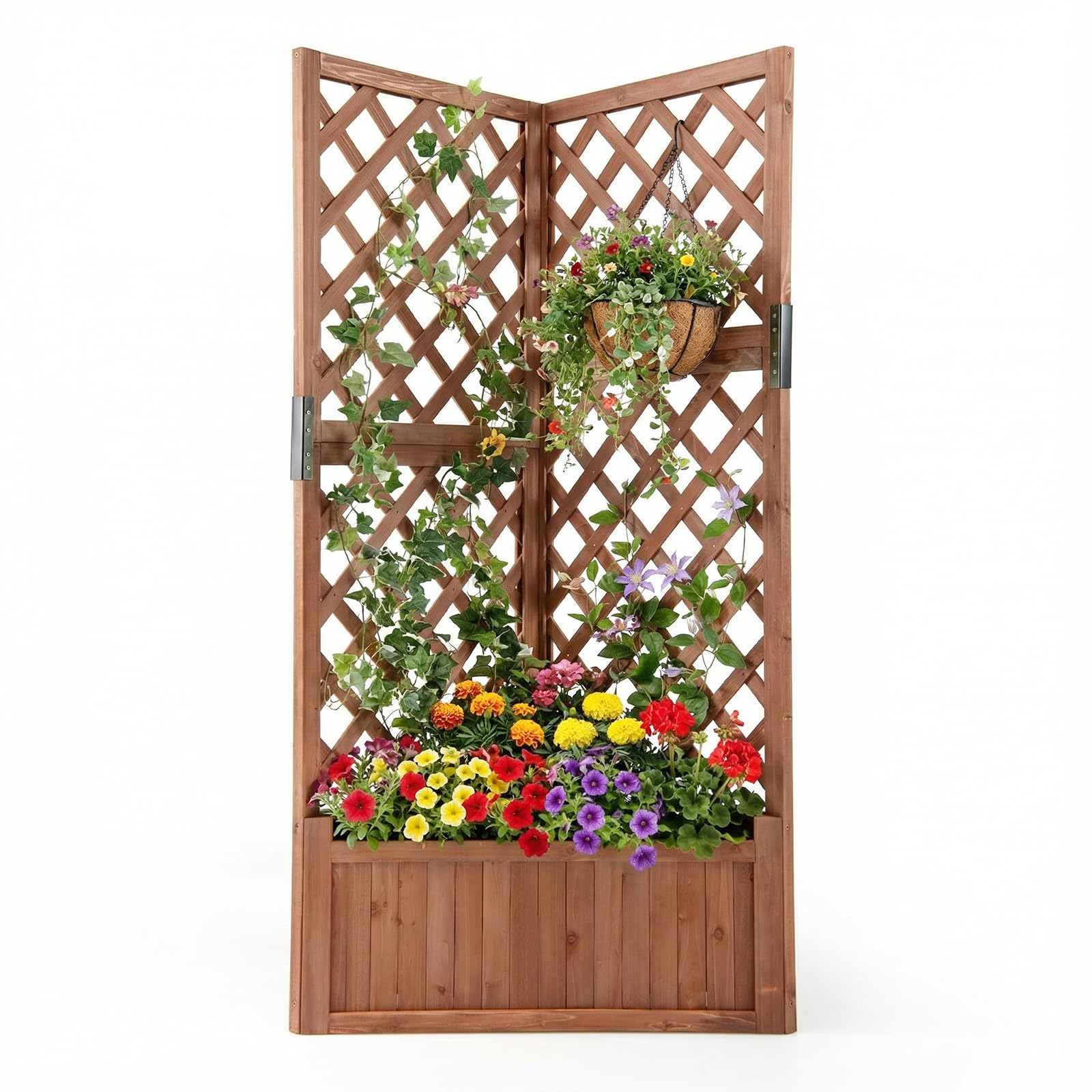COSTWAY Letto da Giardino Rialzato ad Angolo con Traliccio e Fori di Drenaggio, Fioriera in Legno Elevata per Piante Rampicanti, Fiori e Verdure, Ideale per Interno ed Esterno (Marrone)