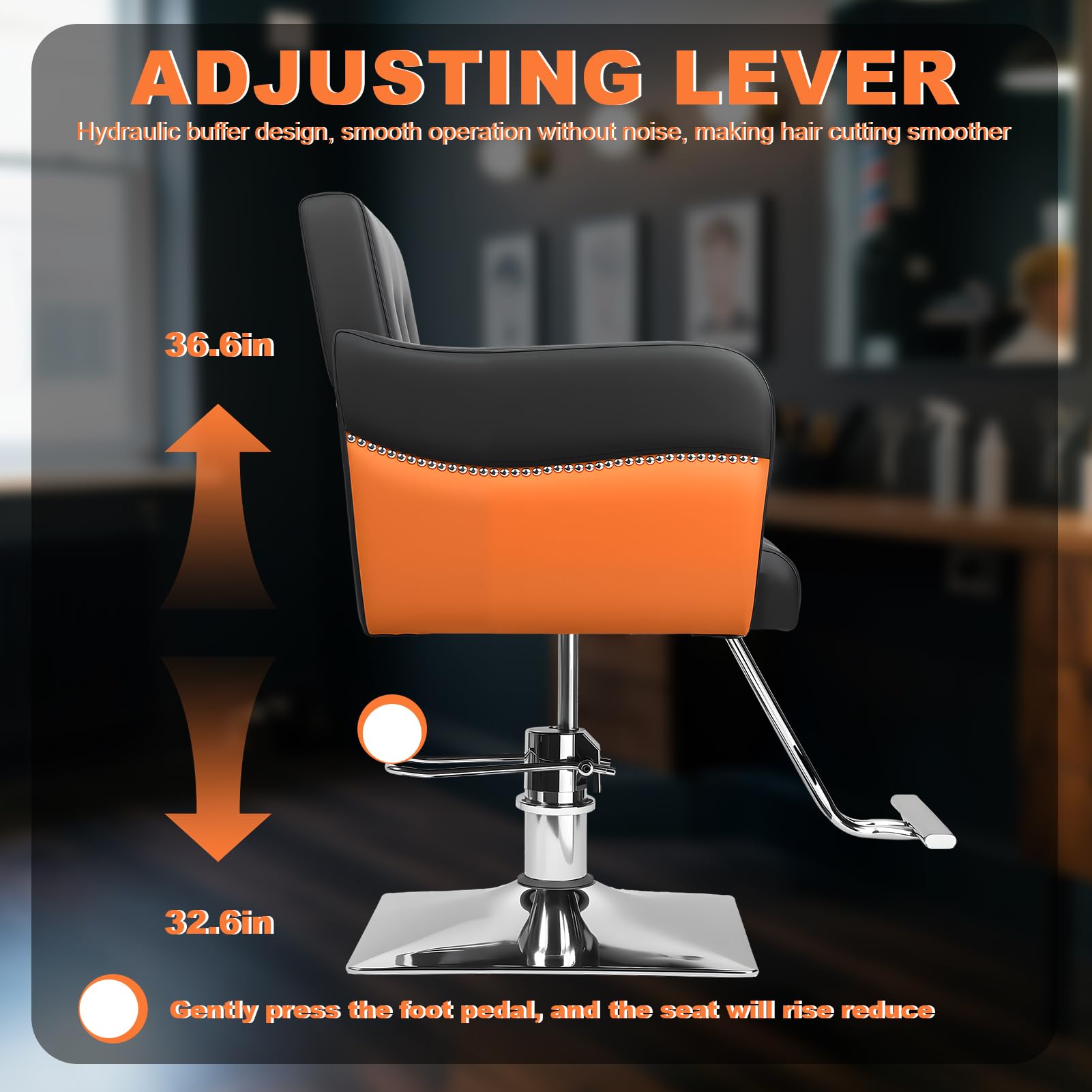 Friseurstuhl Höhenverstellbar mit hydraulischer Pumpe 360° Drehbar belastbar bis 150 kg Schwarz Orange