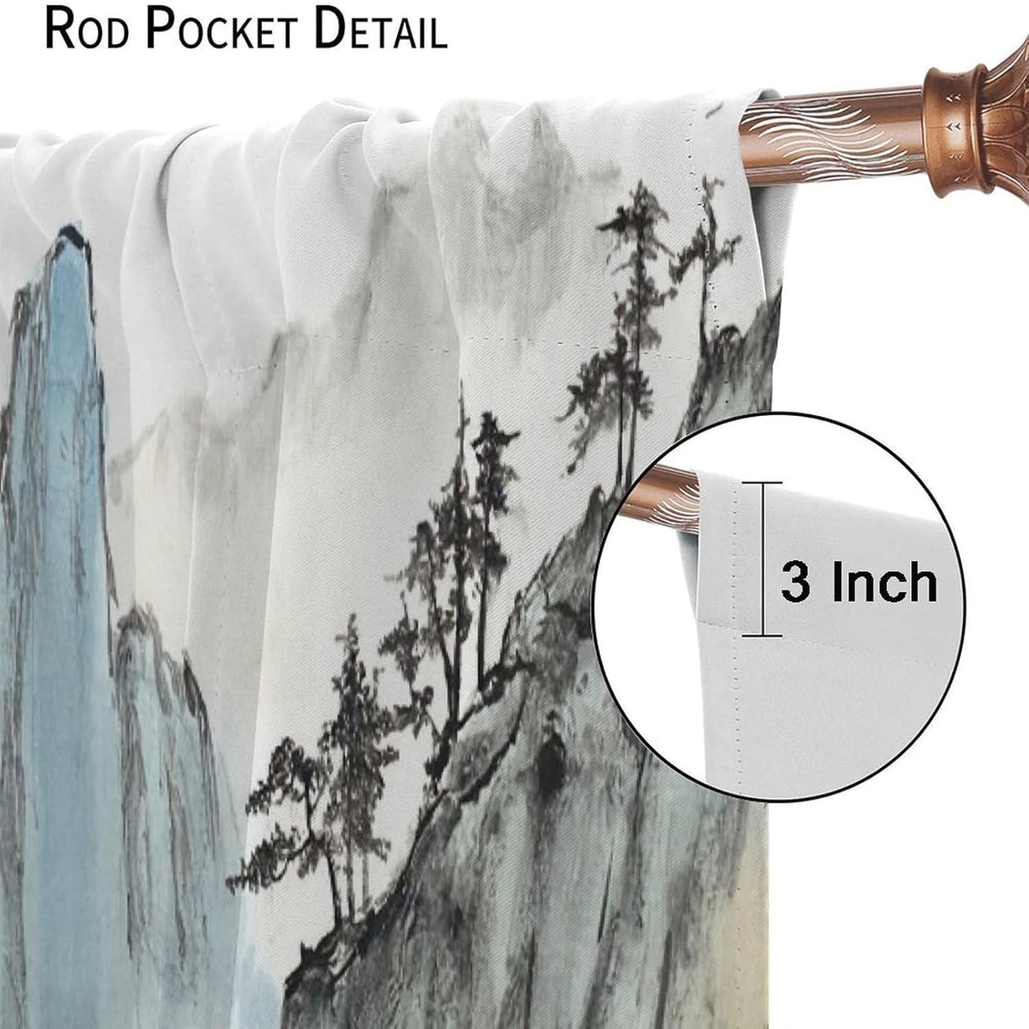 Ink Painting Blackout Curtains, Chinese Traditional Natural Mountain Landscape Art Print Decoration, Suitable for Bedroom Living Room Curtains42X45 Inch