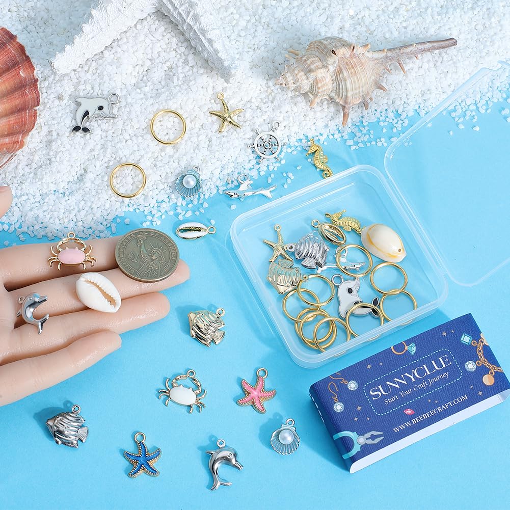 SUNNYCLUE 1 Box 30Pcs 15 Styles Ocean Charms Sea Life Charms Bulk Marine Animal Starfish Seashell Dolphin Crab Summer Charm for DIY Jewellery Making - Image 3