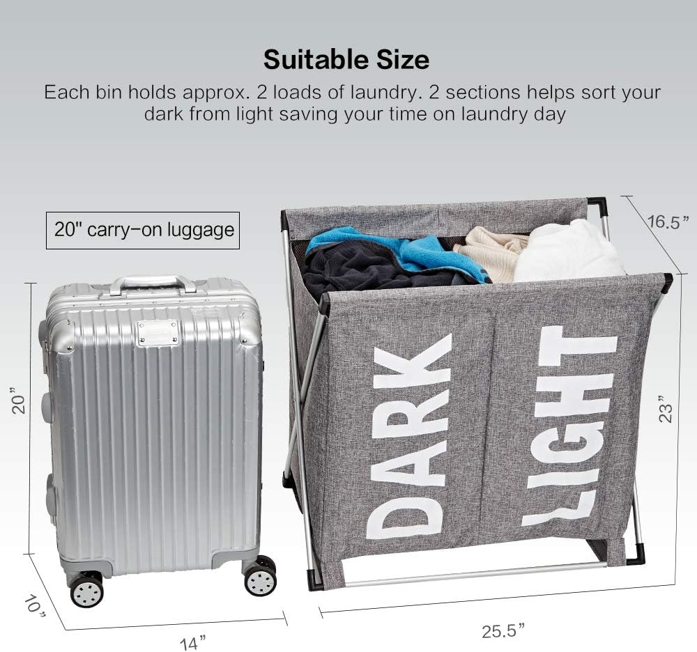 HOMEST Laundry Basket 2 Sections, Large Dirty Clothes Hamper Sorter for Bathroom, Foldable Hamper Divided, Grey