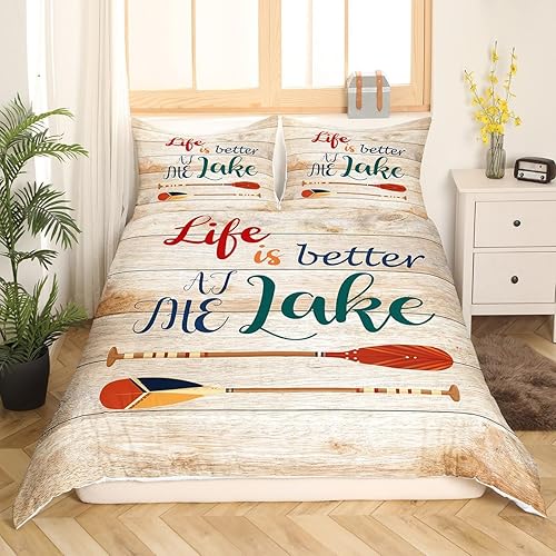 Miniatura 10 de Lake House - Juego de funda de edredón de tamaño individual, juego de ropa de cama de campamento feliz para niños y niñas, funda de edredón vintage