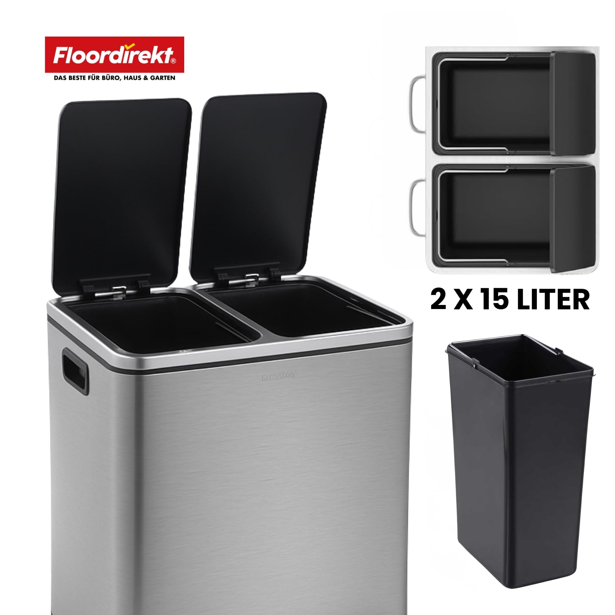 Floordirekt Felix Pattumiera Pedale 2 Vasche Da 15L - Acciaio, Coperchi Silenziosi, Contenitori Estraibili, Antracite