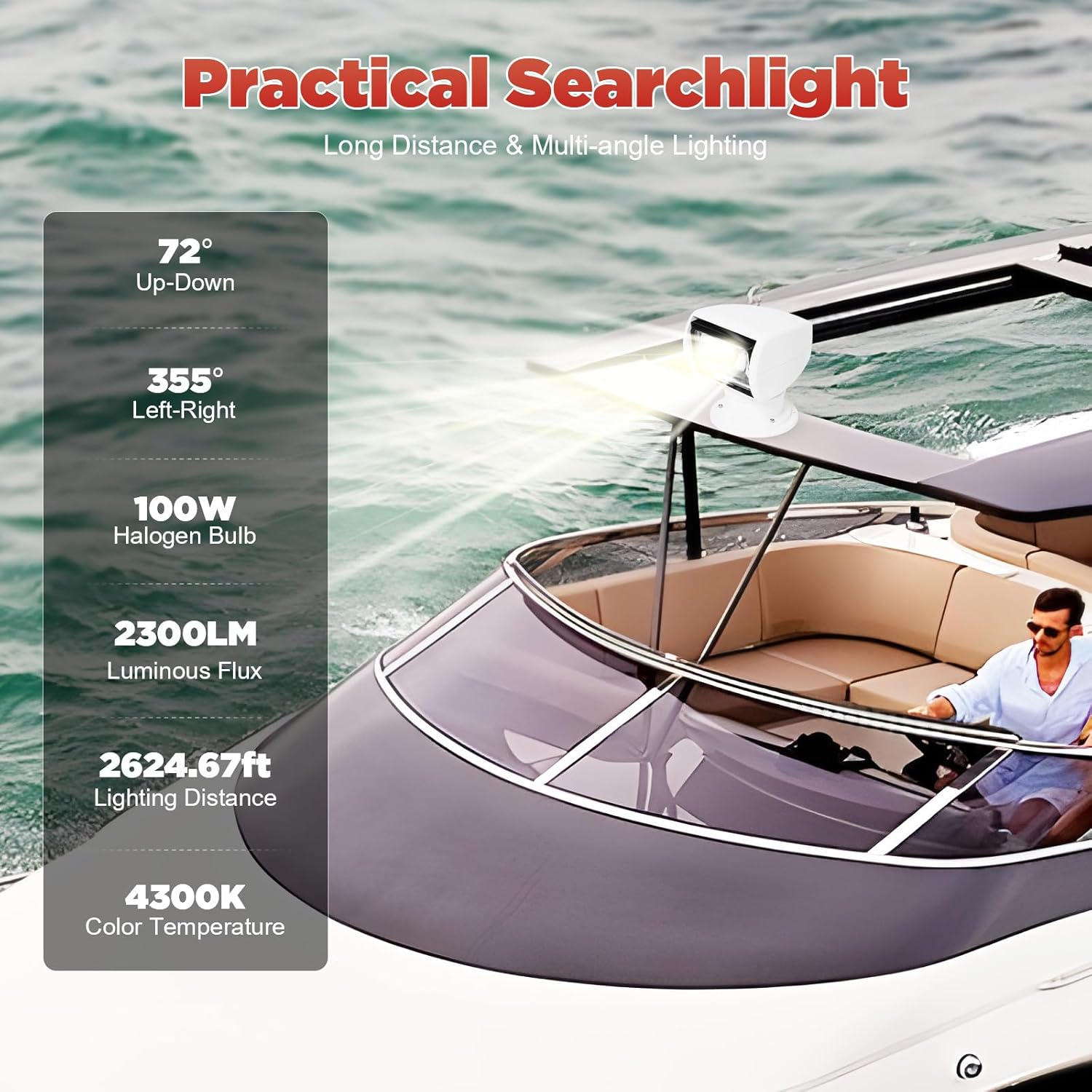 Boat Spotlight, Remote Control Spotlight with Long Power Cord 2624.67ft Beam Distance 100W DC 12V Go Light for Night Yacht Fishing Boat Sea Patrol (White)