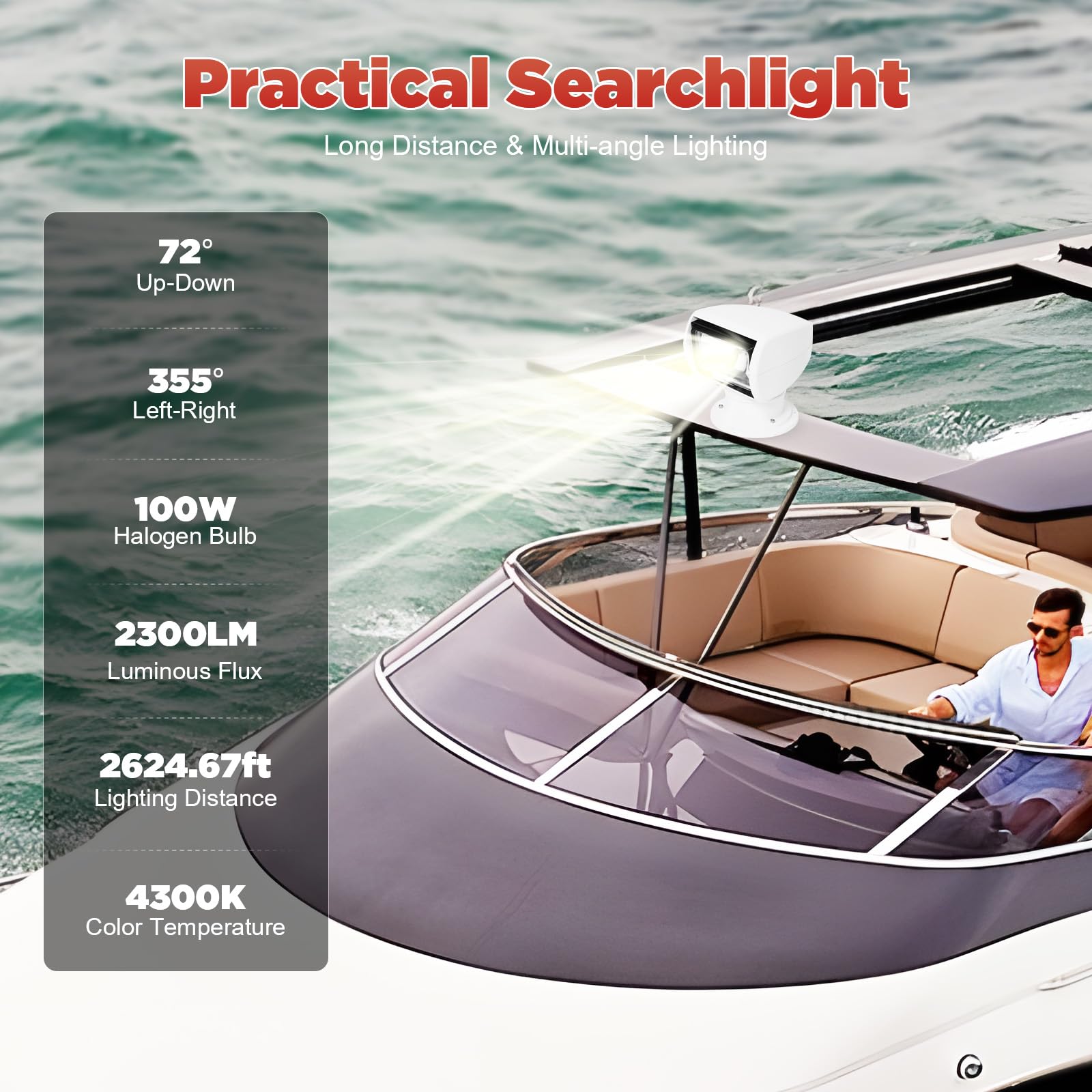 Boat Spotlight DC 12V 100W Remote Control Spotlight 2300LM 4300K Halogen Search Light 72°Up/Down + 355°Left/Right Rotation Marine Spotlight Go Light for Truck Yachts Fishing Boats (White)