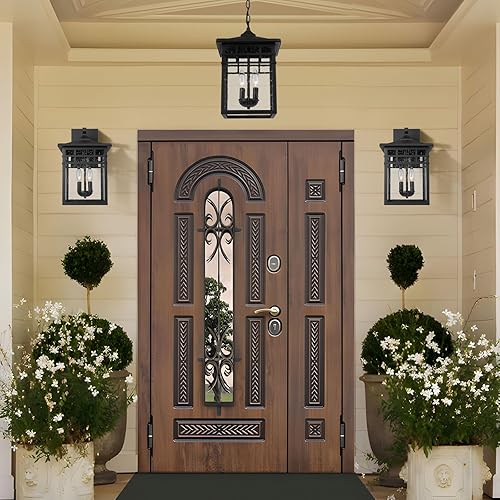 Miniatura 6 de Farol colgante para exteriores para porche delantero, 10 pulgadas, grande, negro, lámpara colgante con pantalla de vidrio sembrado para patio,