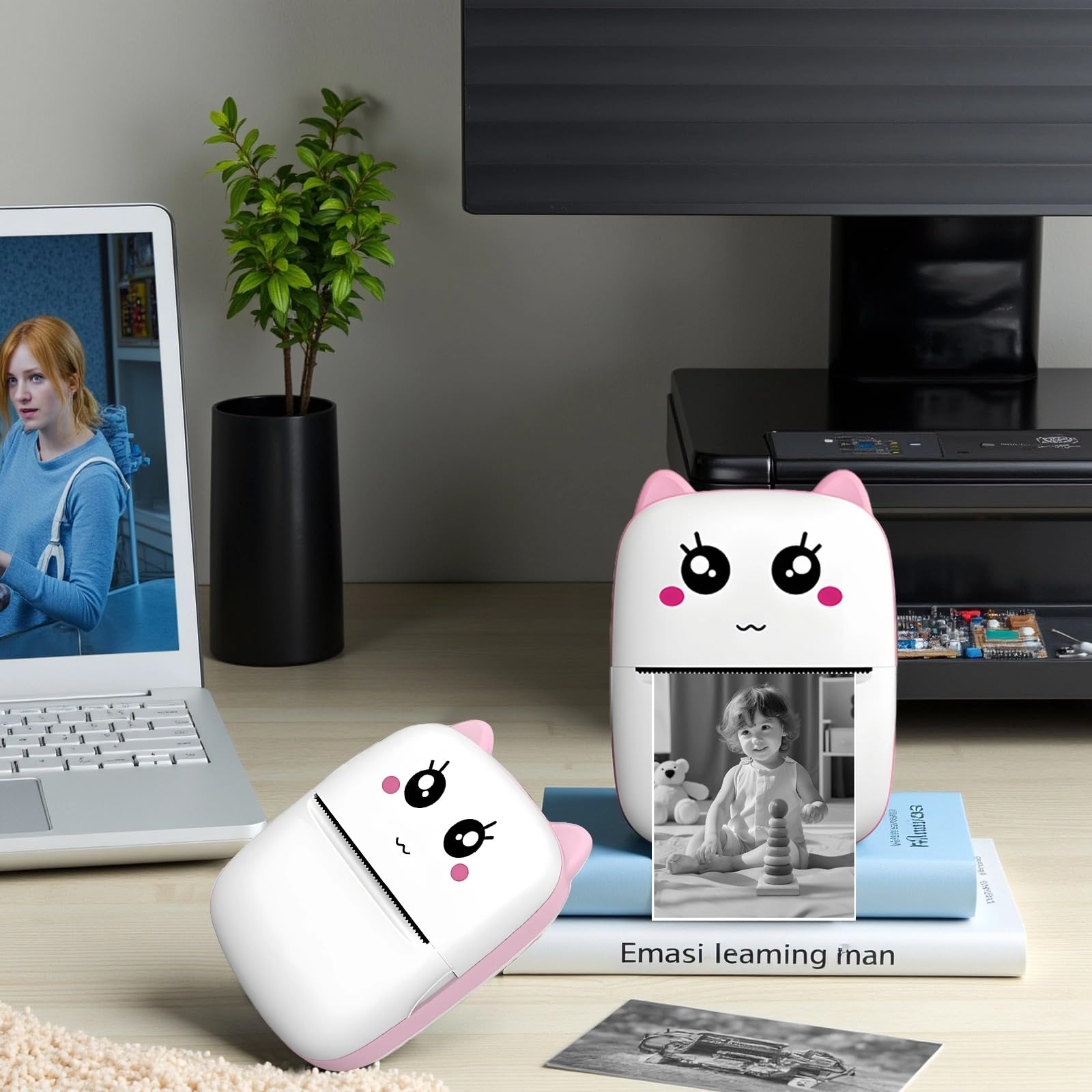 Imprimante sans encre, imprimante d'erreur portable en forme de tête de chat rose, petite imprimante sans fil pour étudiants, rouleau de papier thermique et câble USB inclus