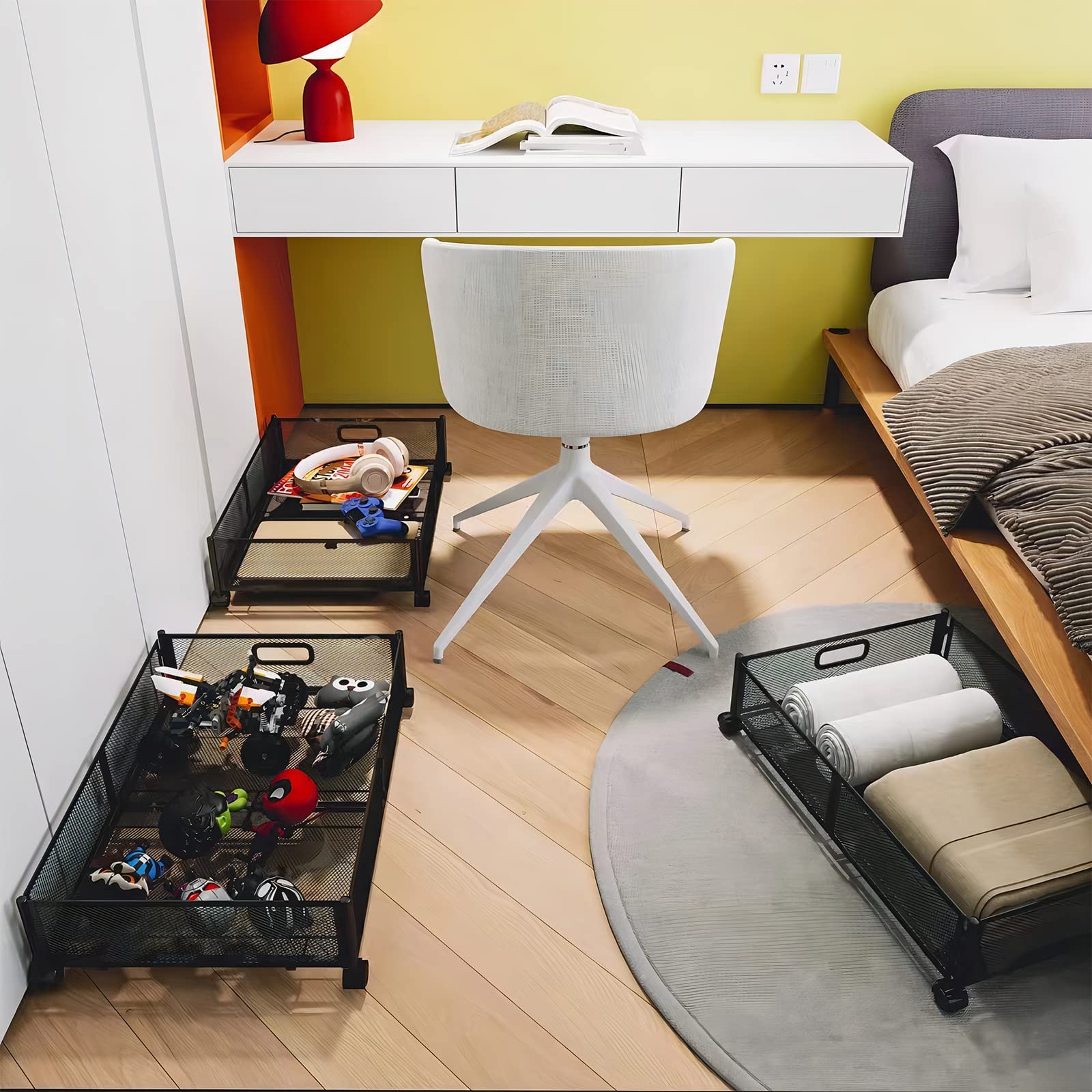 Contenitori Portaoggetti Sotto il Letto con Ruote, Confezione da 2 Contenitori Portaoggetti Neri Sotto il Letto, Ruote Migliorate con Sottoletto in Metallo di Grande Capacità, Contenitori per Scarpe