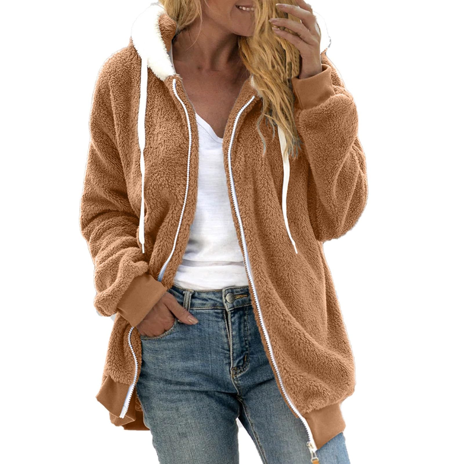 Veste pull en peluche patchwork originale avec capuche et poche zippée - 8