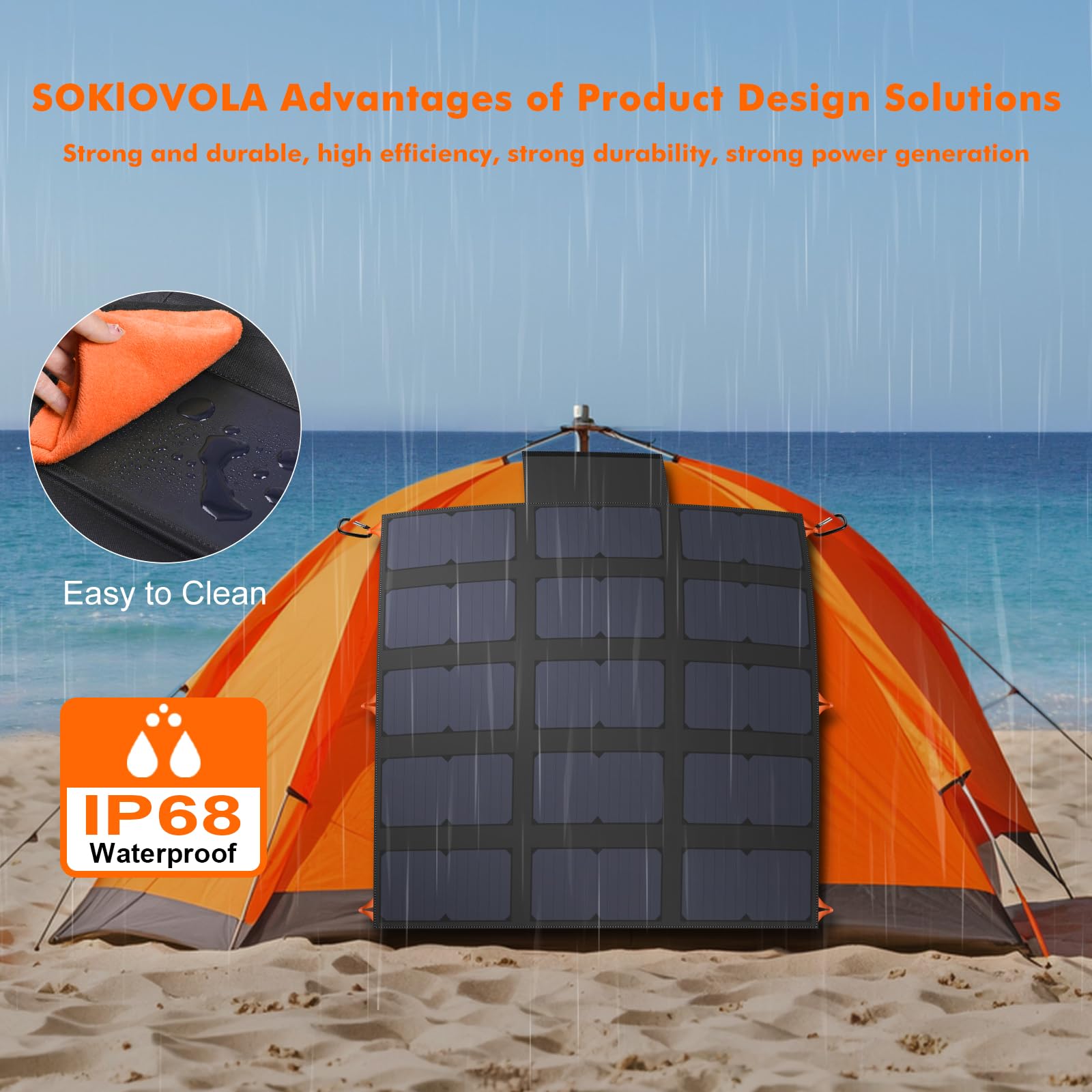 SOKIOVOLA - Cargador solar portátil plegable de 100 W, 20 V, con salida QC3.0 USB-A y tipo C, IP68, impermeable, para teléfonos celulares, tabletas, cámara, camping, caravana, senderismo, viajes,