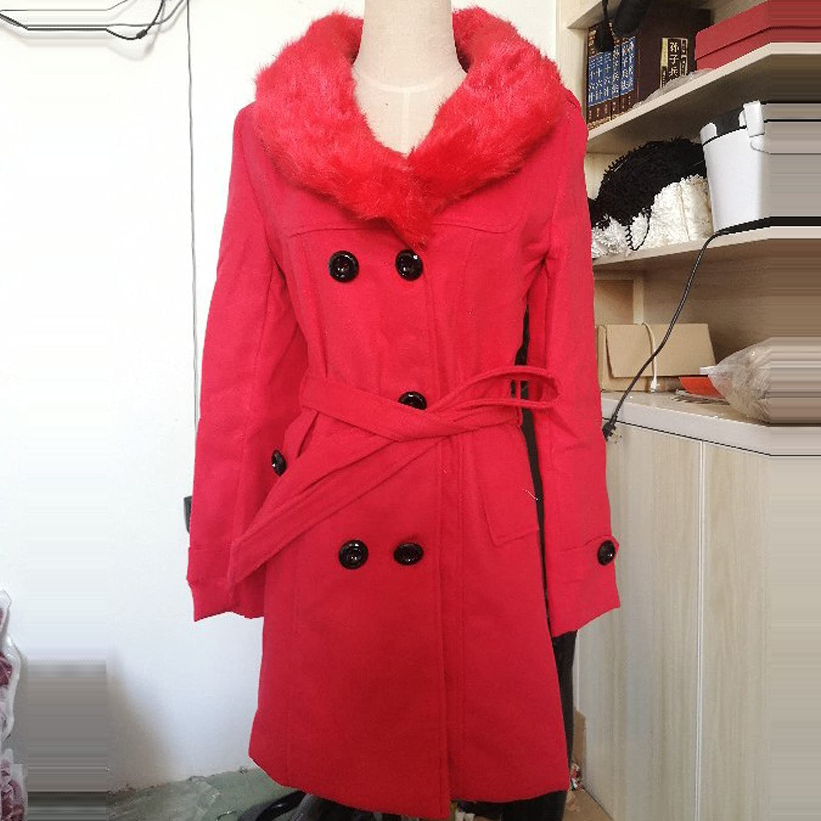 FUPODD Wintermantel Damen Lang Elegant Damen-Mäntel Winter Fellkragen Warm Wollmantel Zweireihig Winterjacke Mittellang Wolle Mantel Mit Gürtel Trenchcoat Frauen Pelzkragen Damenmantel Mit Taschen