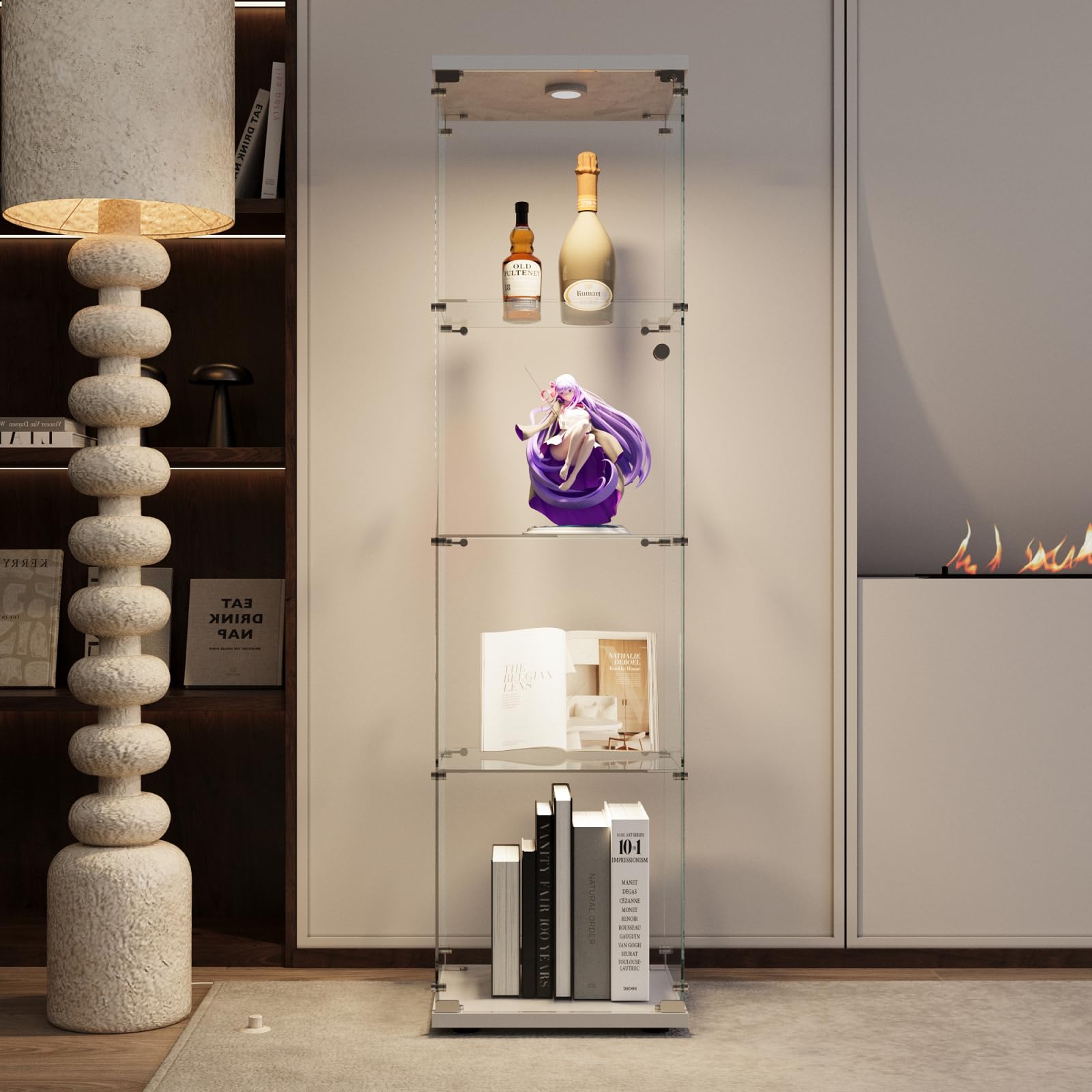 Vitrina de cristal, armario para estanterías, armario de almacenamiento en el suelo, transparente, vitrina moderna de colección para bar, salón, dormitorio, oficina (blanco, 4 pisos LED, 164 x 42 x 36