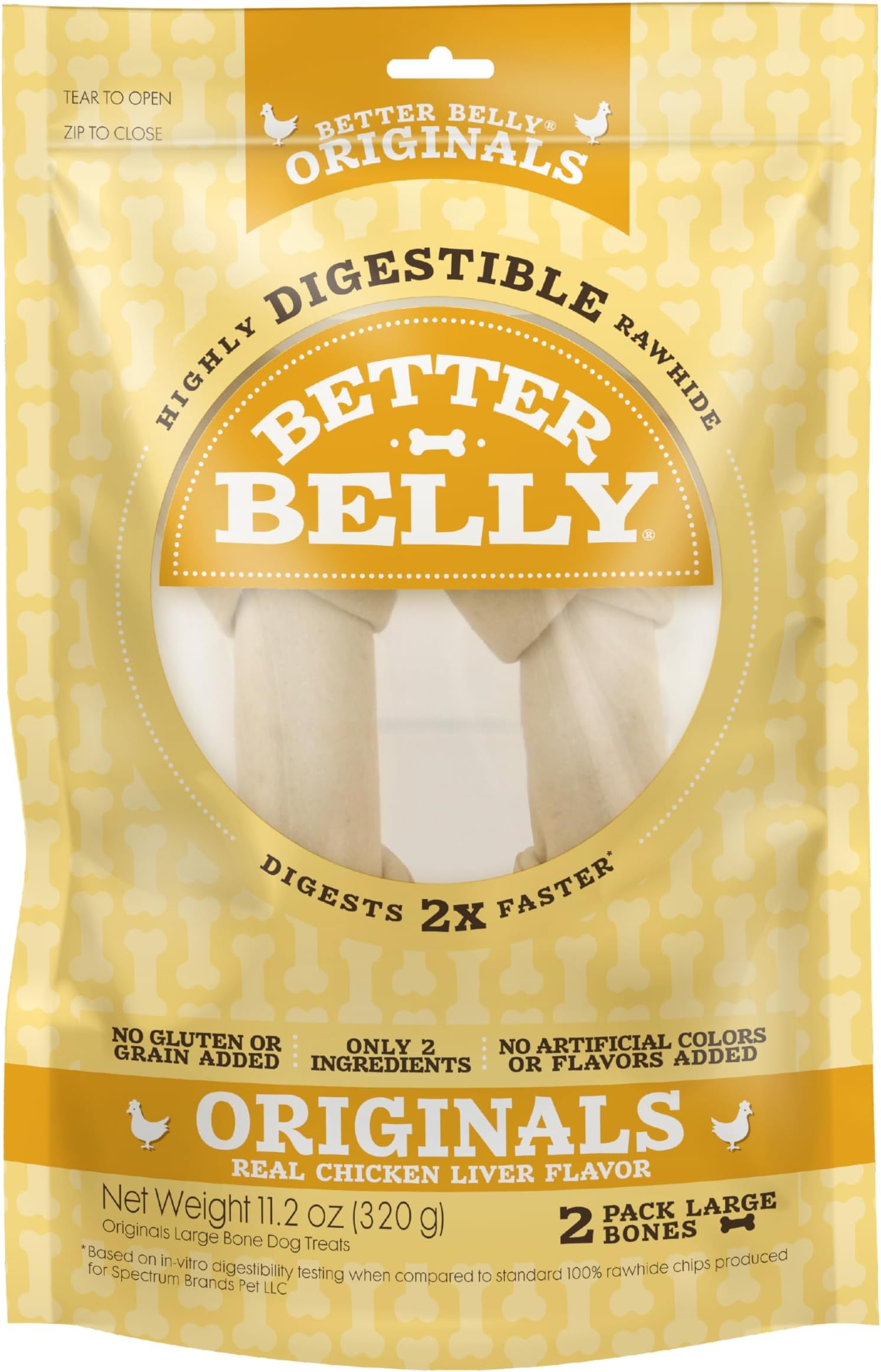 Better Belly Chicken Liver Rawhide Large Dog Bones, 2-Count