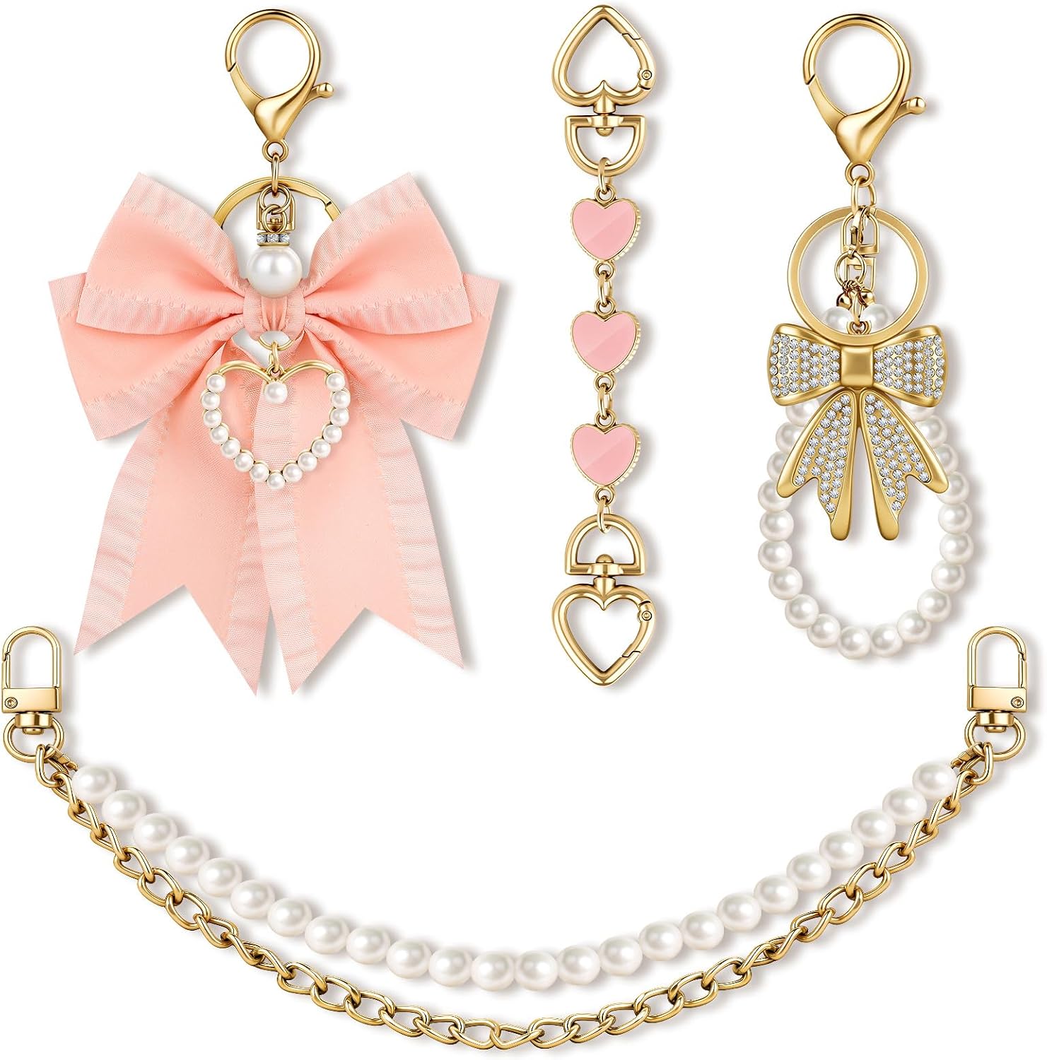 Bag Charms and Chains Set, Purse Charms for Handbag Strap Extender Chain Bow Pearl Accessories for Women