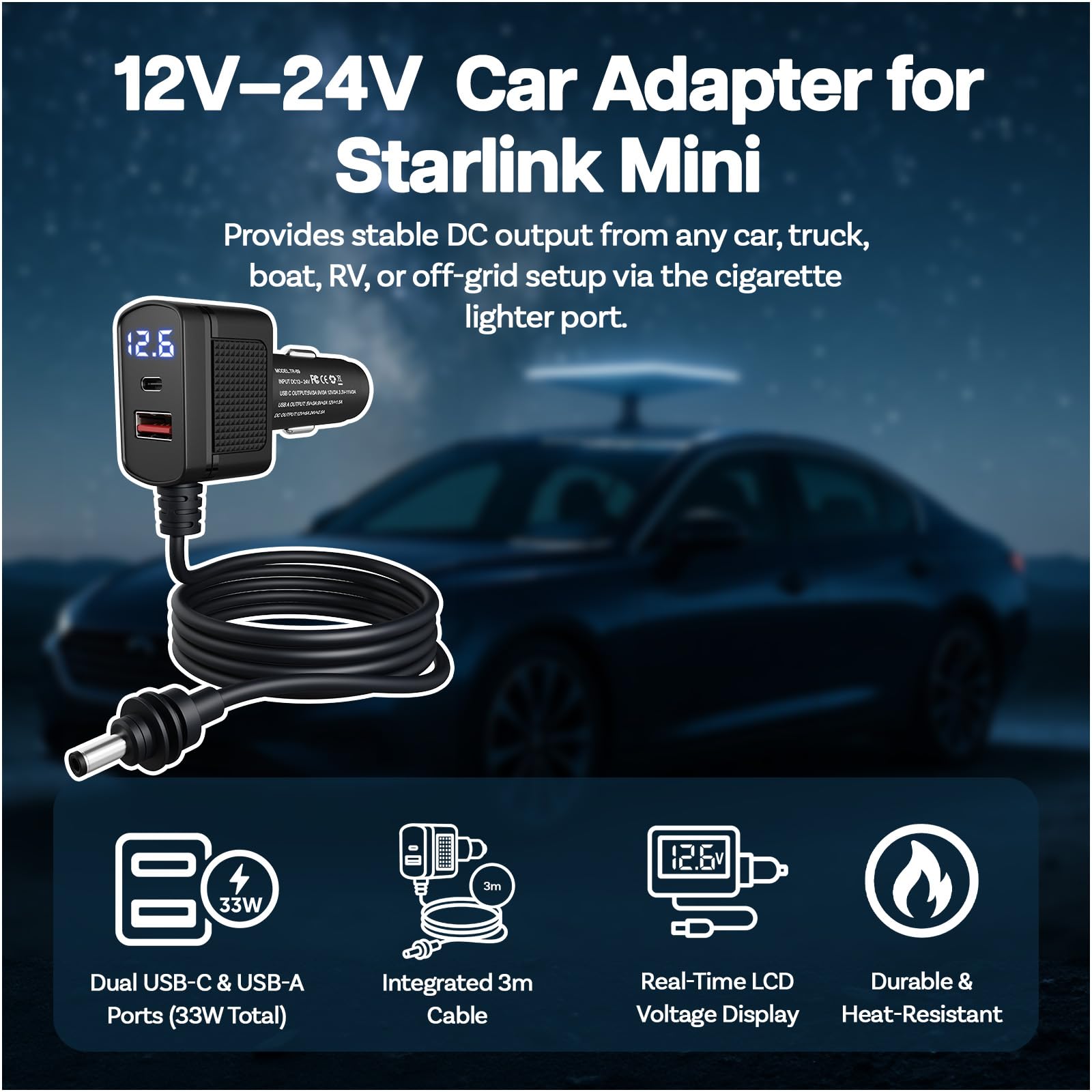 Adattatore Auto per Starlink Mini di MMOBIEL – Caricatore USB da Accendisigari 12V–24V DC – Cavo Resistente da 3M (60W), Doppie Porte USB-C e A (33W), Display LCD della Tensione – Auto, Camion, Camper