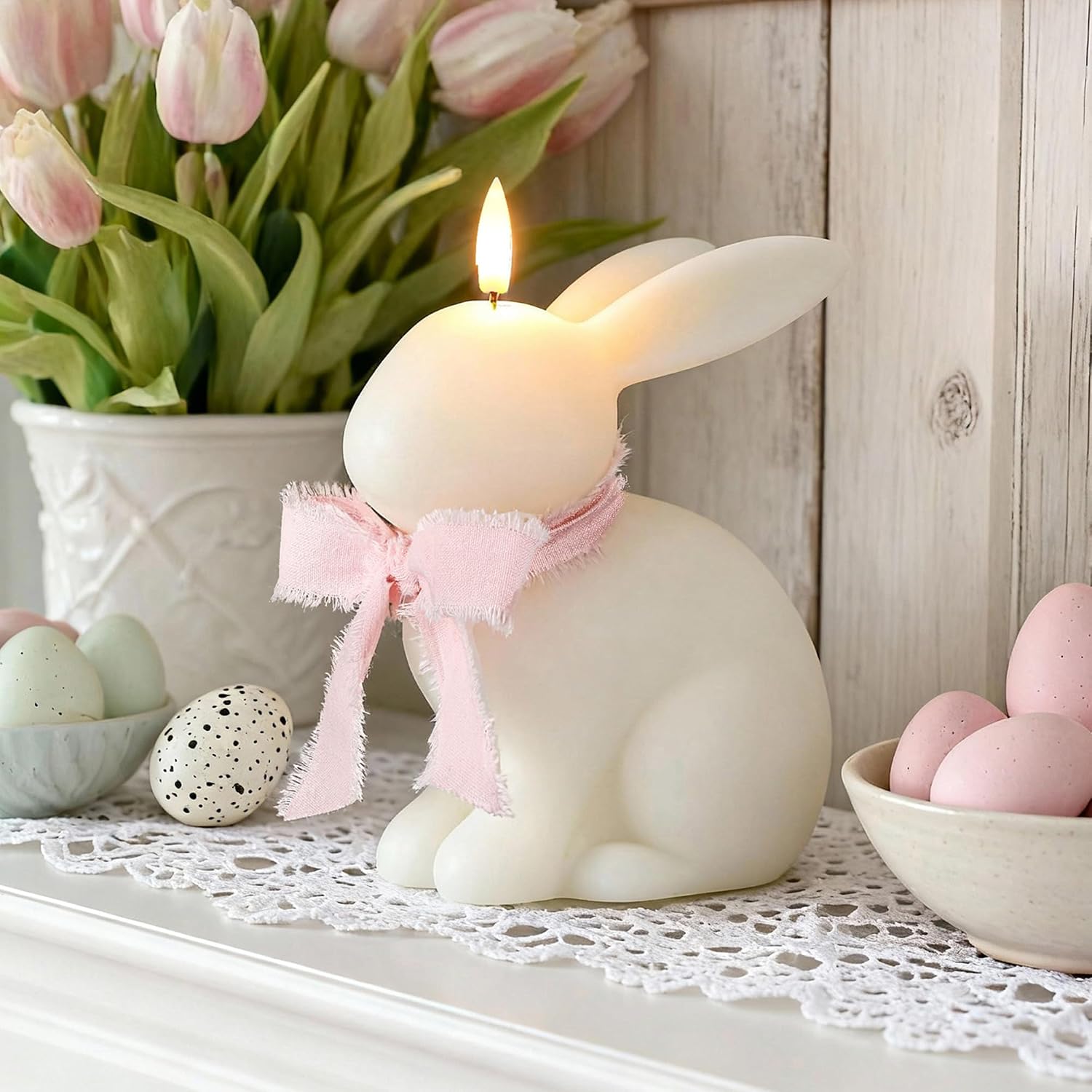 Baquler Easter Bunny Flameless Candle, Easter Real Wax Carved Led, Scented Bunny Shape Flameless Candle Set for Home Living Room Bedroom Party Decoration Centerpiece Table Home Decor (White)